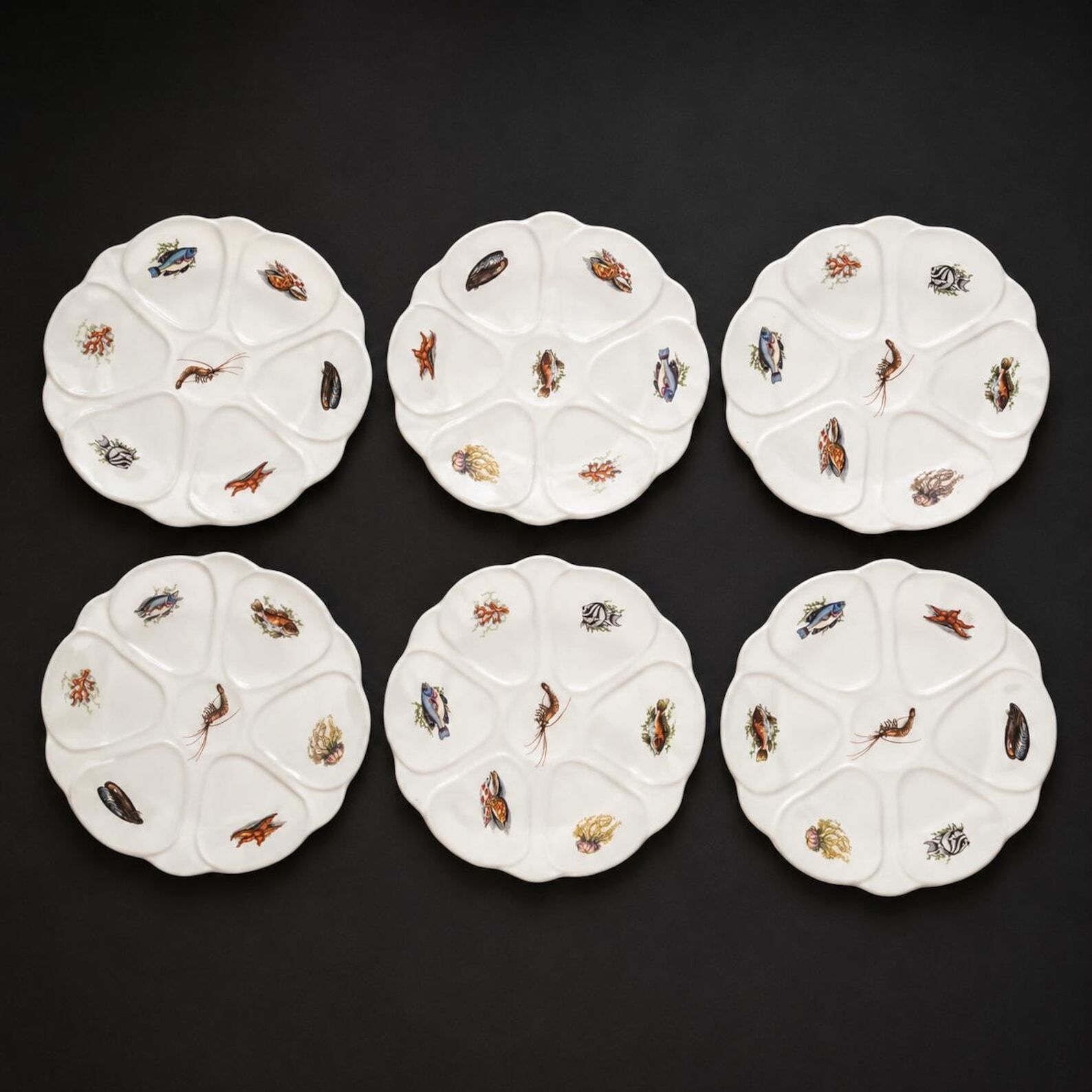 Vintage French Oyster Plates Set Of 6, Porcelaine Française Pf High Temperature, Seafood Plates, Mid Century French Tableware photo furniture