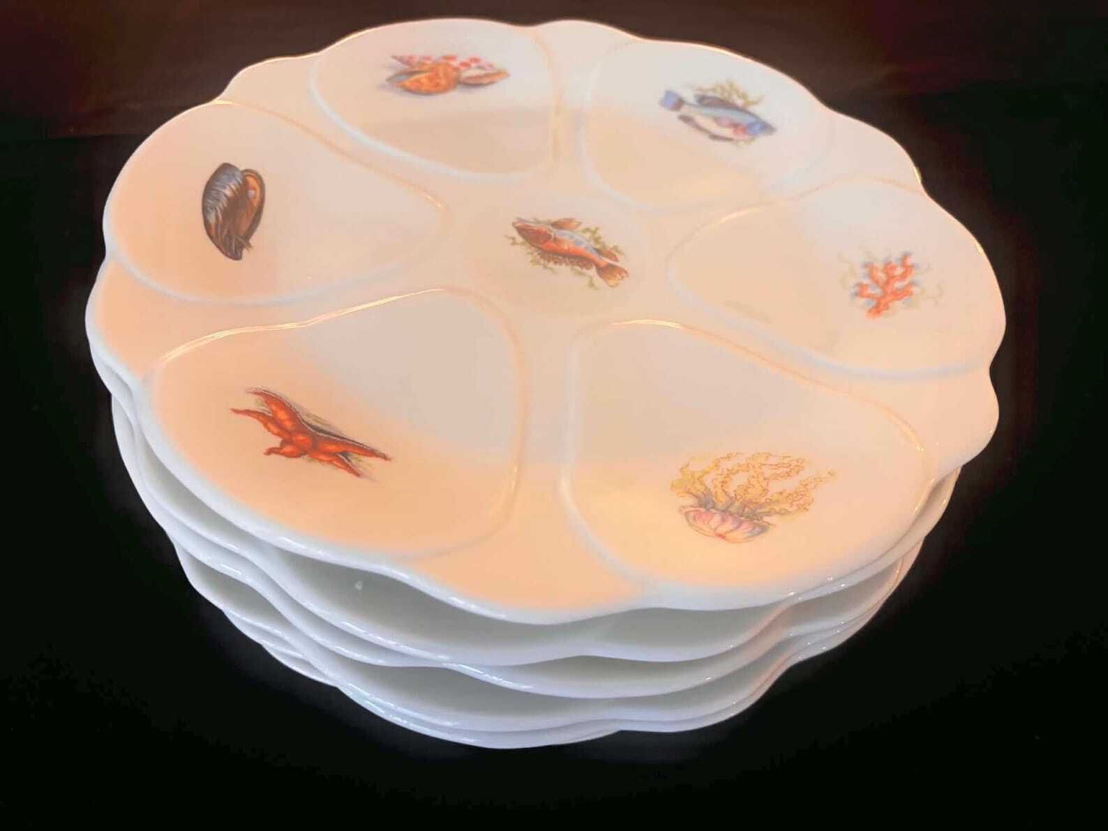 Vintage French Oyster Plates Set Of 6, Porcelaine Française Pf High Temperature, Seafood Plates, Mid Century French Tableware photo for sale