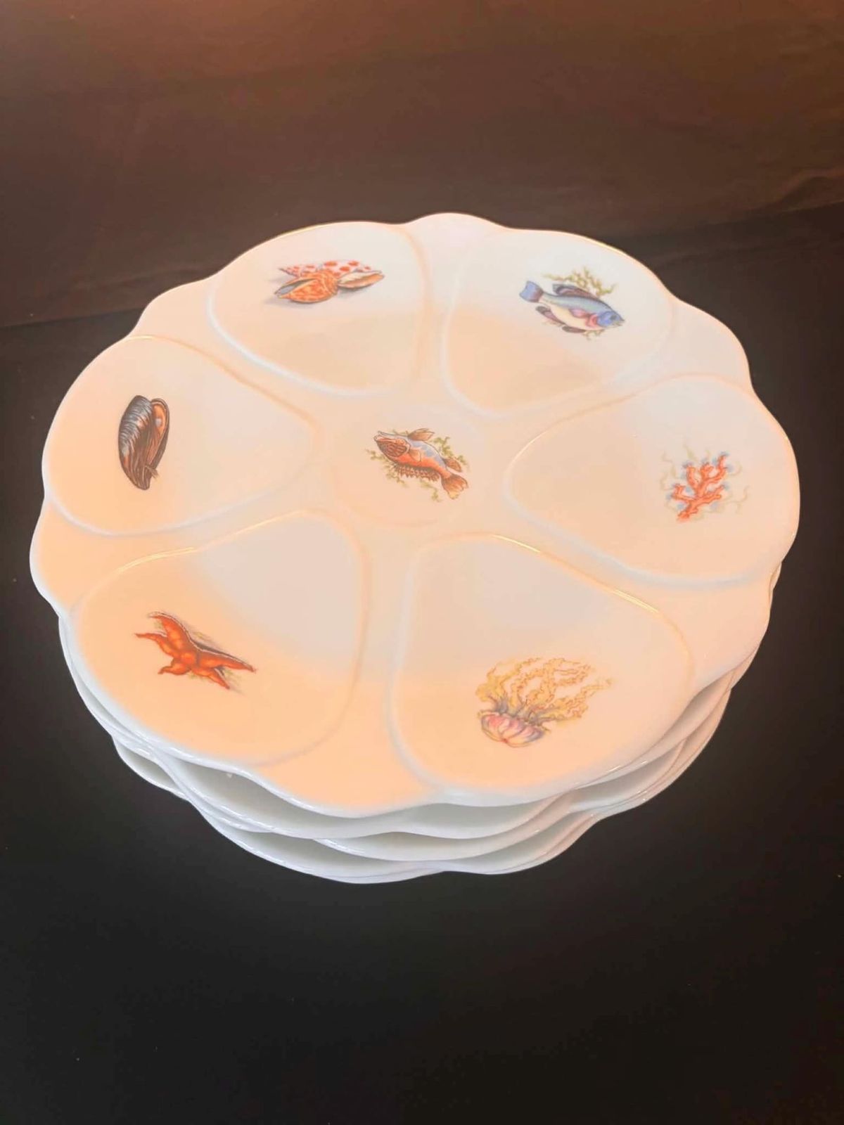 321.0 Vintage French Oyster Plates Set Of 6, Porcelaine Française Pf High Temperature, Seafood Plates, Mid Century French Tableware photo