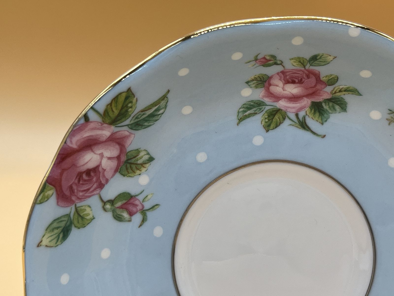 Royal Albert China Polka Blue Rose theekopje, schotel en gebaksbord. In doos. photo vintage