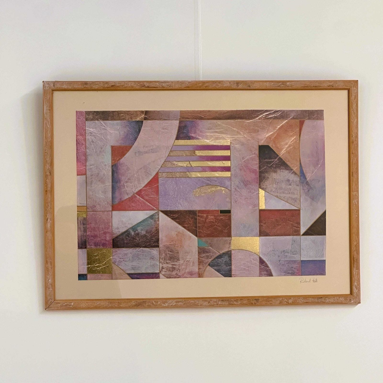 Pair Of Large Richard Hall Geometric Abstract Mixed Media Lithographs With Gold Leaf, 1980s