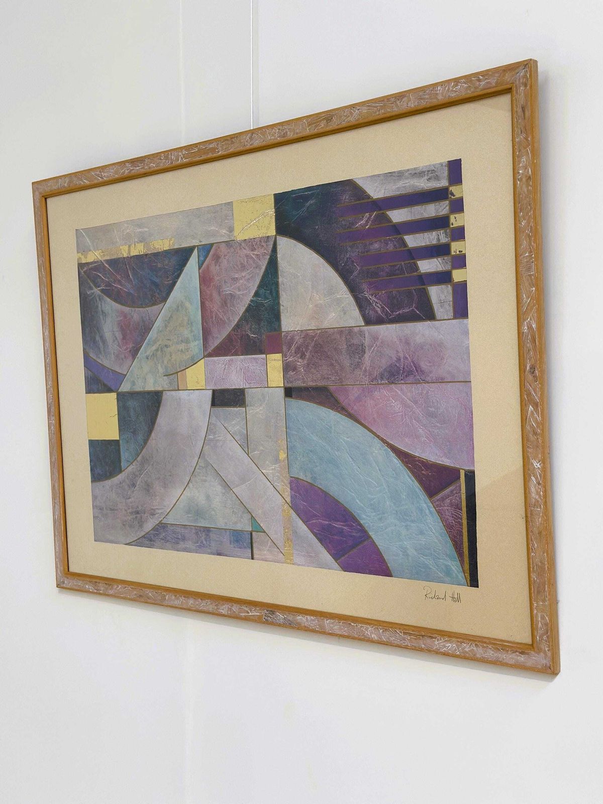 photo for sale Pair Of Large Richard Hall Geometric Abstract Mixed Media Lithographs With Gold Leaf, 1980s