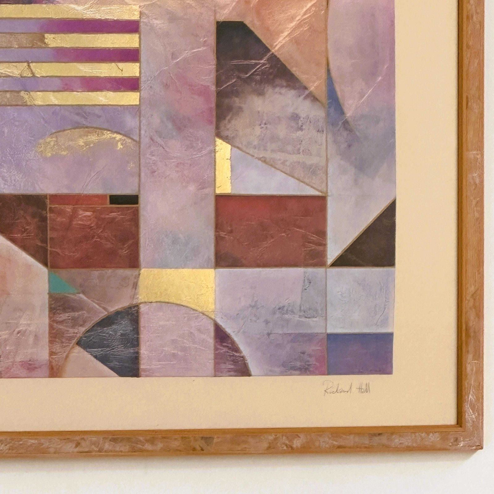 photo vintage Pair Of Large Richard Hall Geometric Abstract Mixed Media Lithographs With Gold Leaf, 1980s