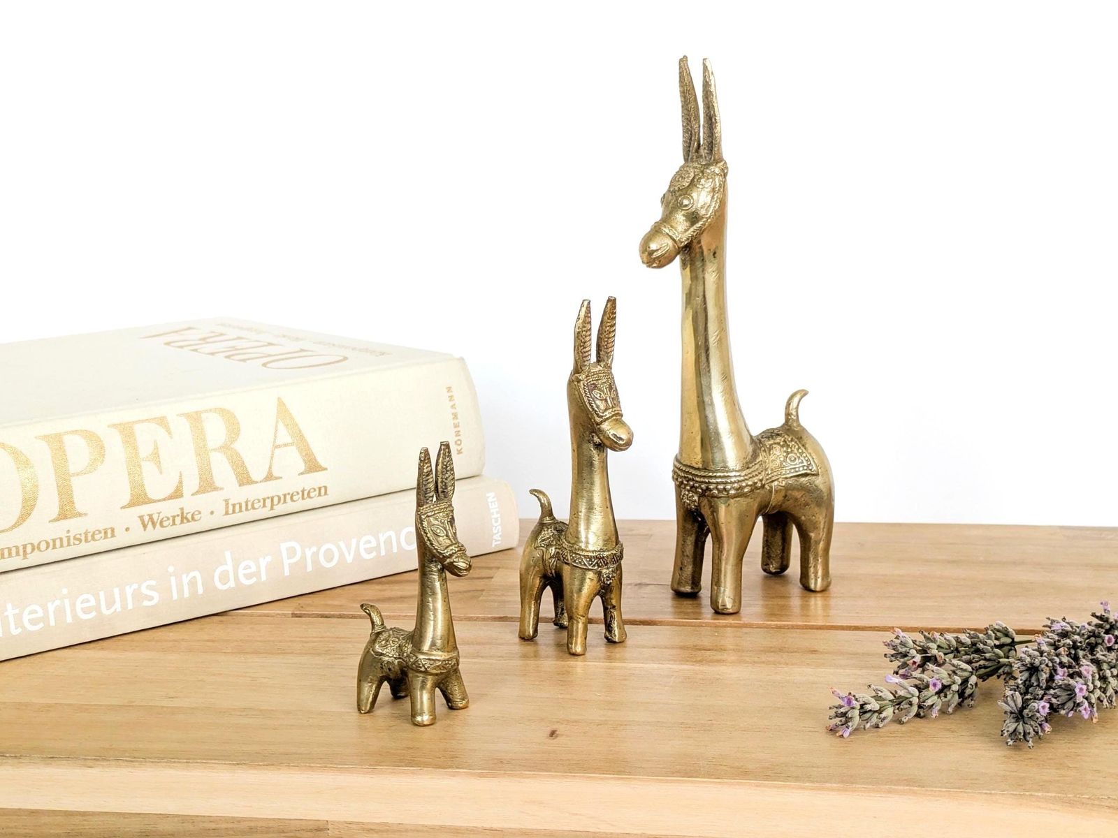 Vintage Messing Lama Ezel Beeldjes, Mid-Century Boho Wanddecoratie