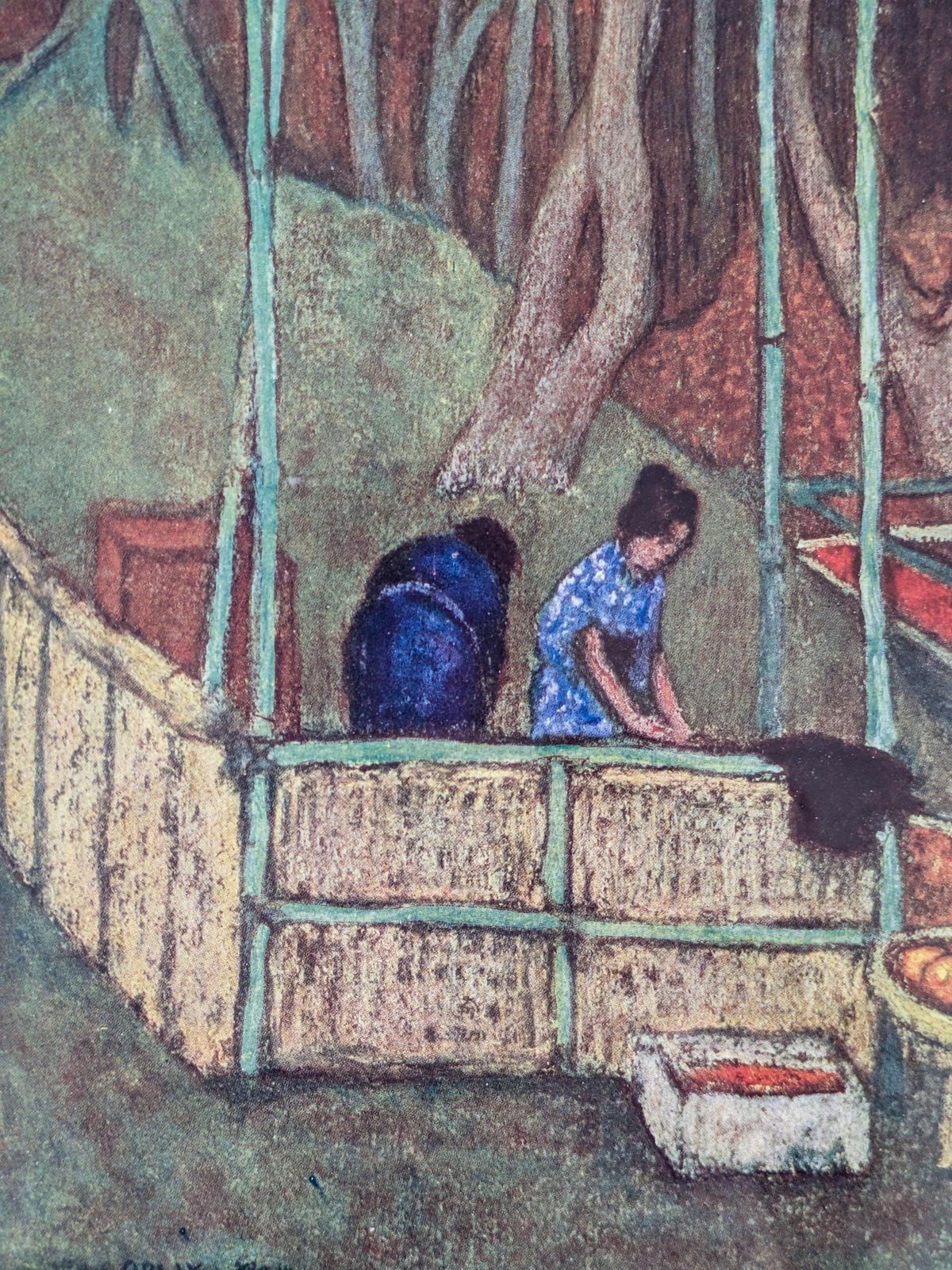 Vintage Oil Pastel Drawing Japonisme Asian Garden Scene 1990 Framed Wall Art Or Gift photo for sale