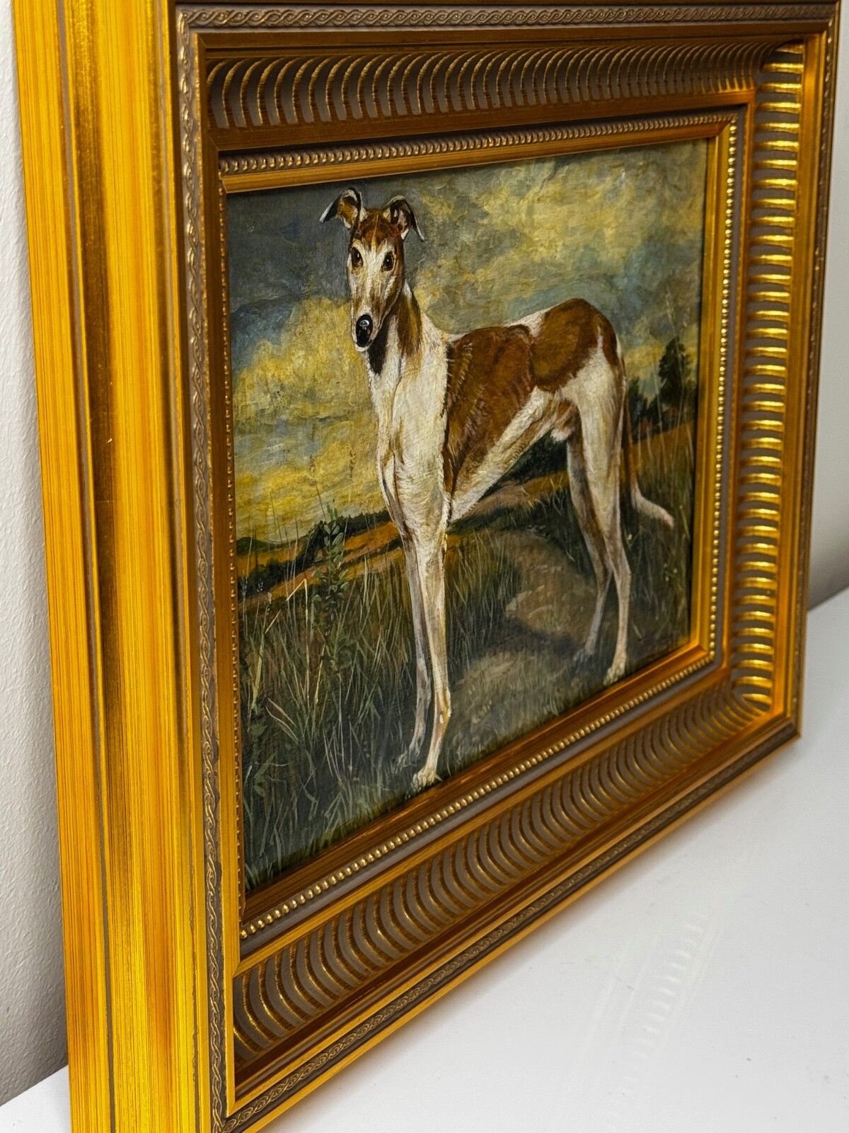 Antiek Brits olieverfschilderij van een lurcher/greyhound, gesigneerd J. Warnes, ca. 1910 photo 3600.0
