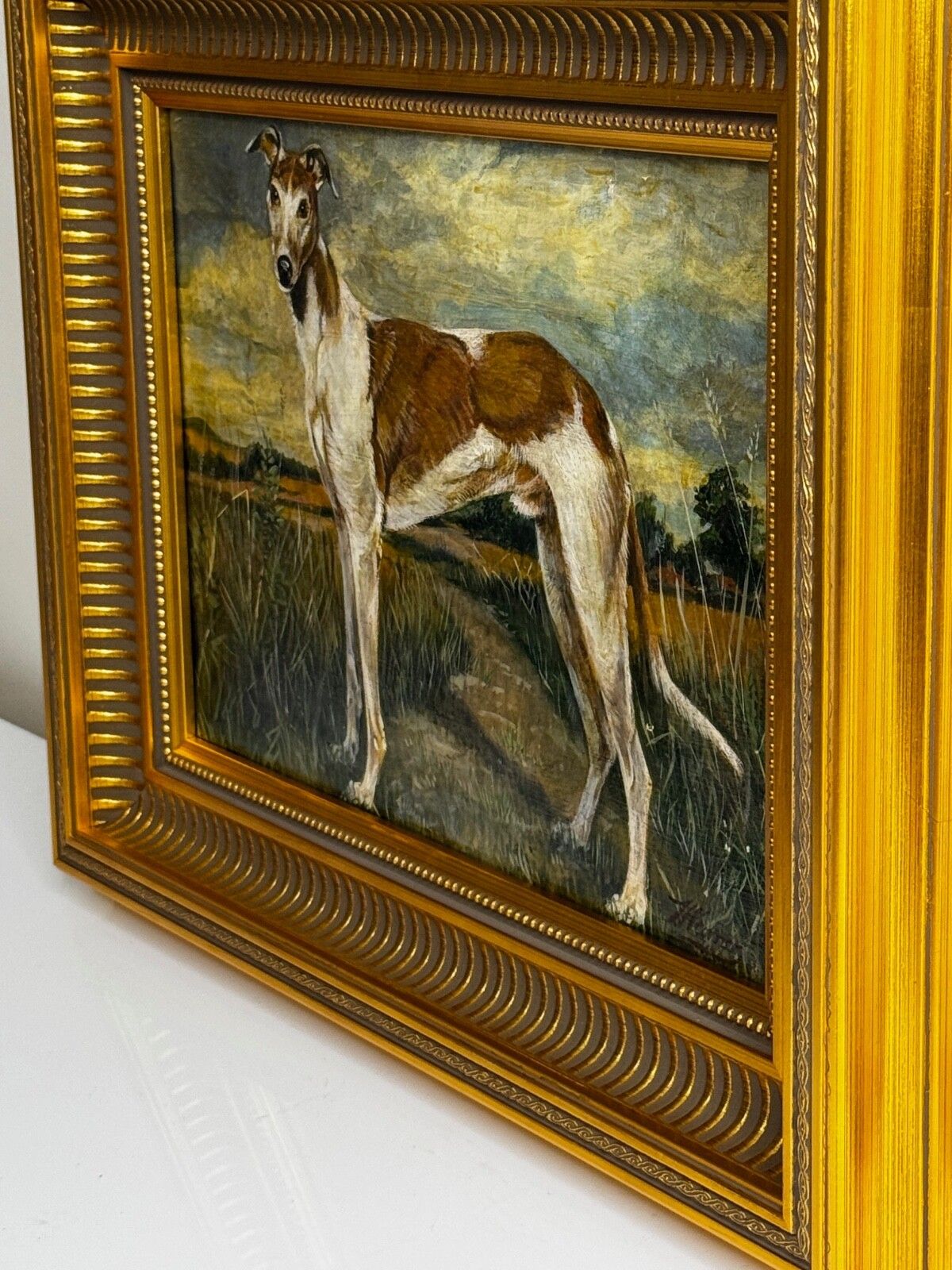 Antiek Brits olieverfschilderij van een lurcher/greyhound, gesigneerd J. Warnes, ca. 1910 photo vintage