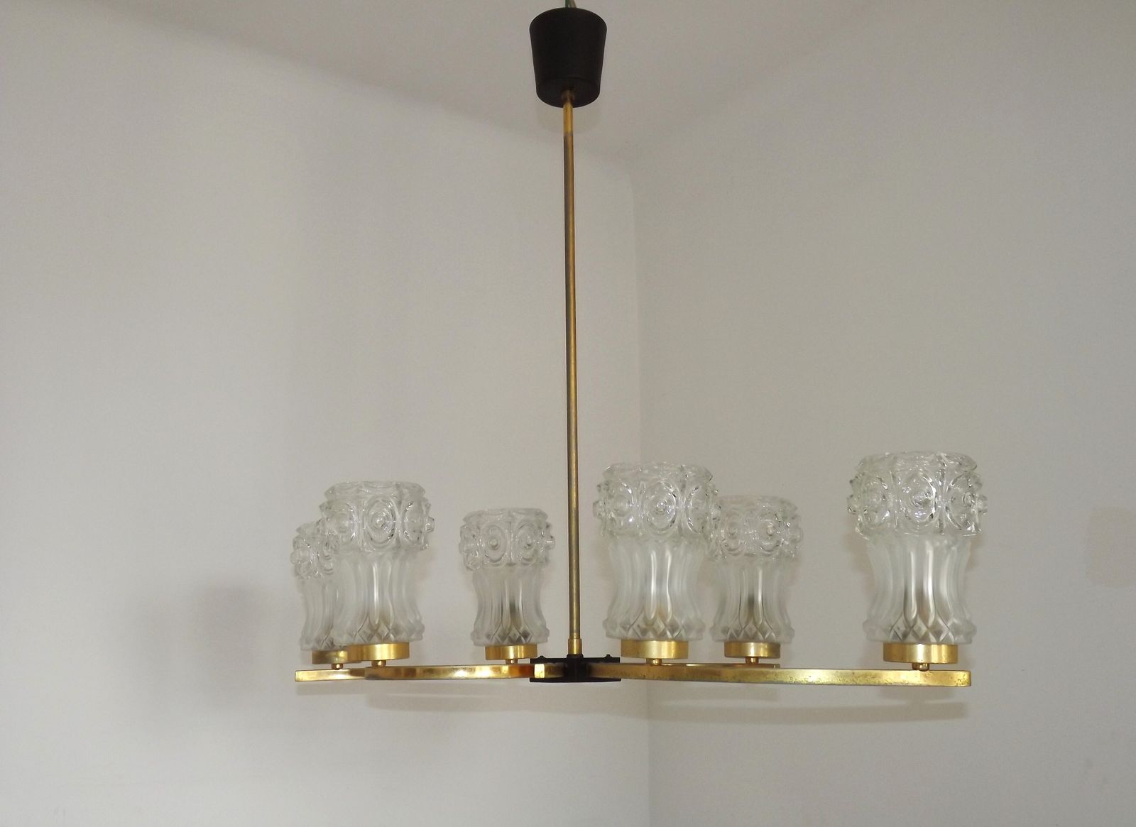 French Retro Mid Century Black & Gold 6 Arm Chandelier Glass Shades photo 295.0