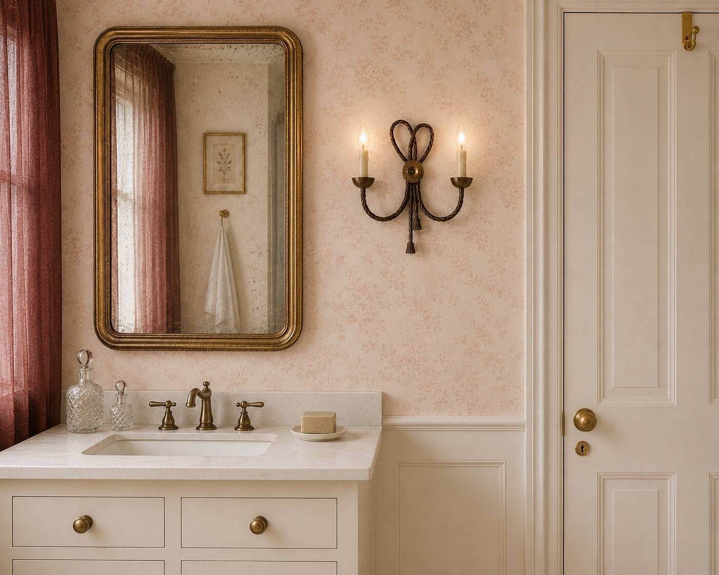photo for sale Golden Wall Lamp With Two Arms, Decorated With A Twisted Rope Bow, 1950s.