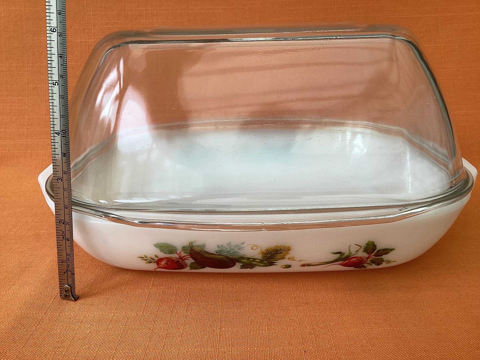 photo vintage Vintage JAJ Pyrex Tuscany/Market Garden ovenschaal met koepeldeksel, retro tafelgerei