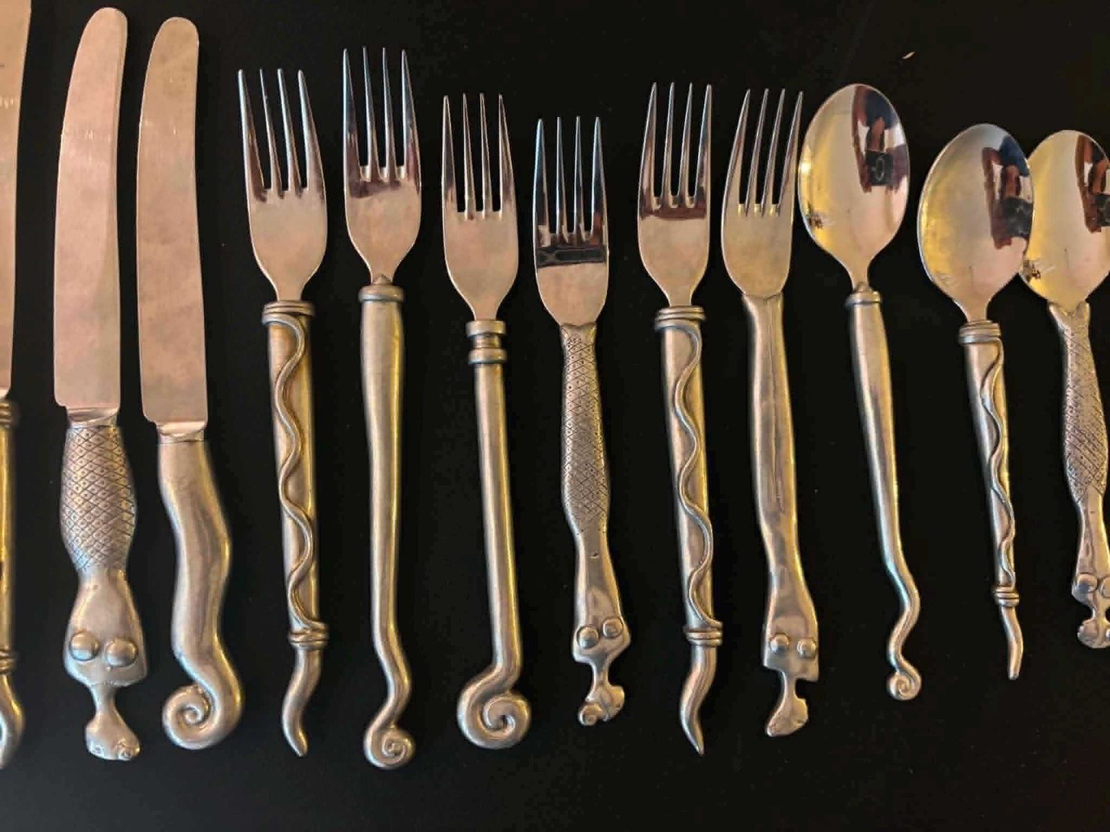 Carrol Boyes Zeldzame 18-delige Bestekset uit 1989, Vroeg Pewter Functional Art Flatware, Zuid-Afrikaans Brutalistisch Sculpturaal Tafelgerei photo buy