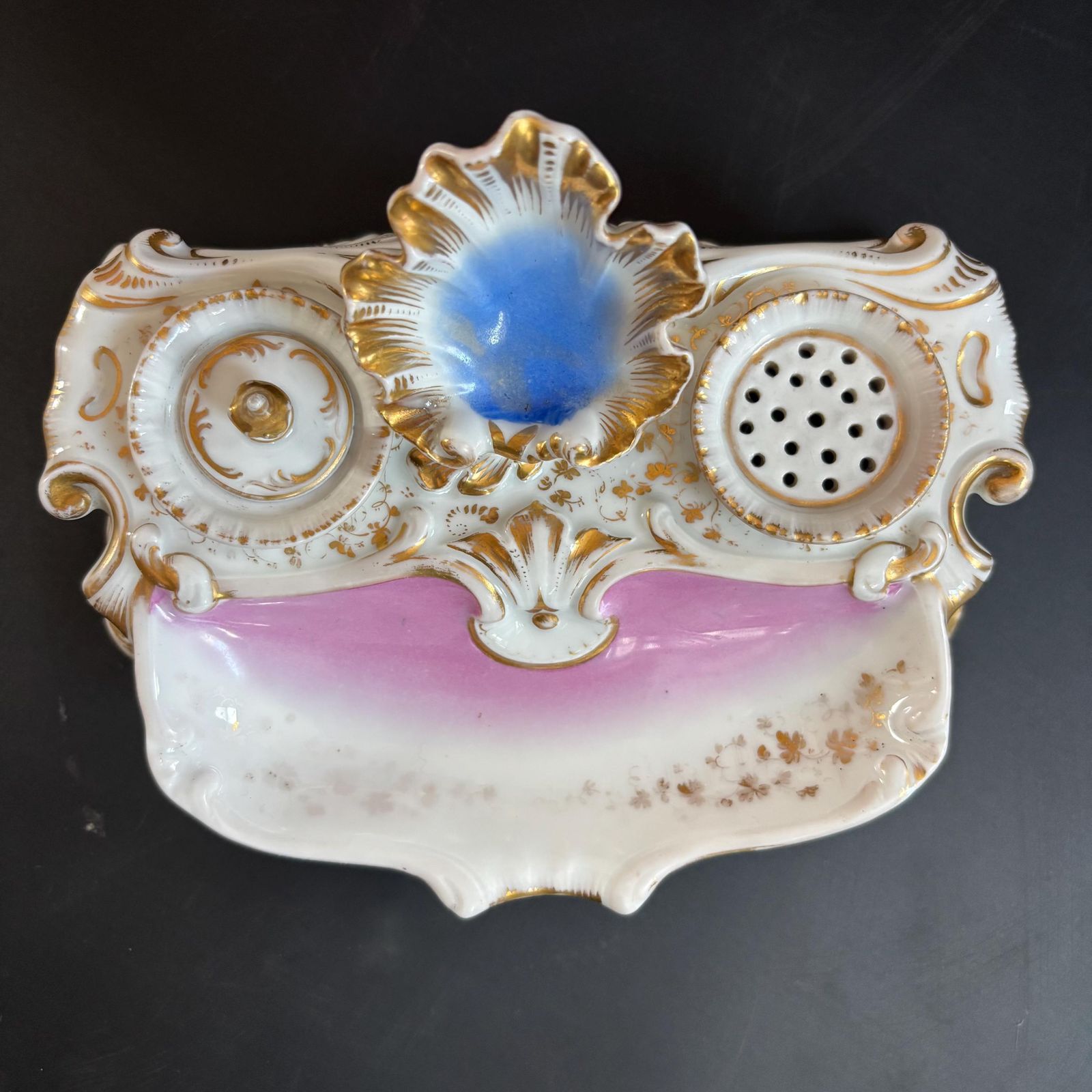Antique 19th Century Porcelain Inkstand & Watch Holder Desk Compendium Rococo Style Pink And Gold Gilded Porcelain Desk Set C.1880 photo furniture