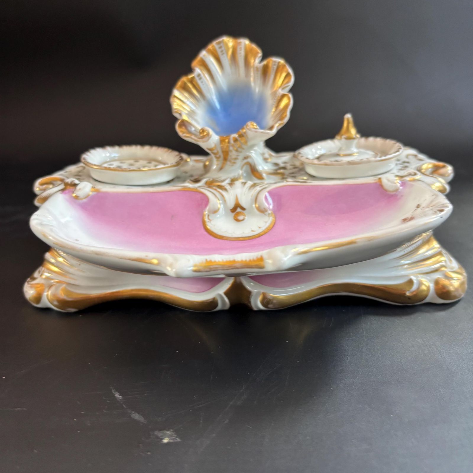 Antique 19th Century Porcelain Inkstand & Watch Holder Desk Compendium Rococo Style Pink And Gold Gilded Porcelain Desk Set C.1880 photo vinterior