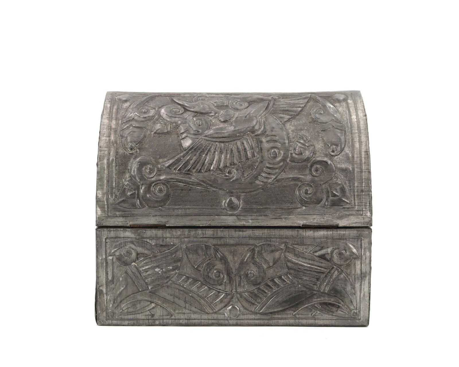photo for sale French Art Nouveau Pewter Casket, Repoussé & Hammered Pewter, Circa 1900–1915, Attributed To The Daguet Style, Art Deco France Alfred Daguet