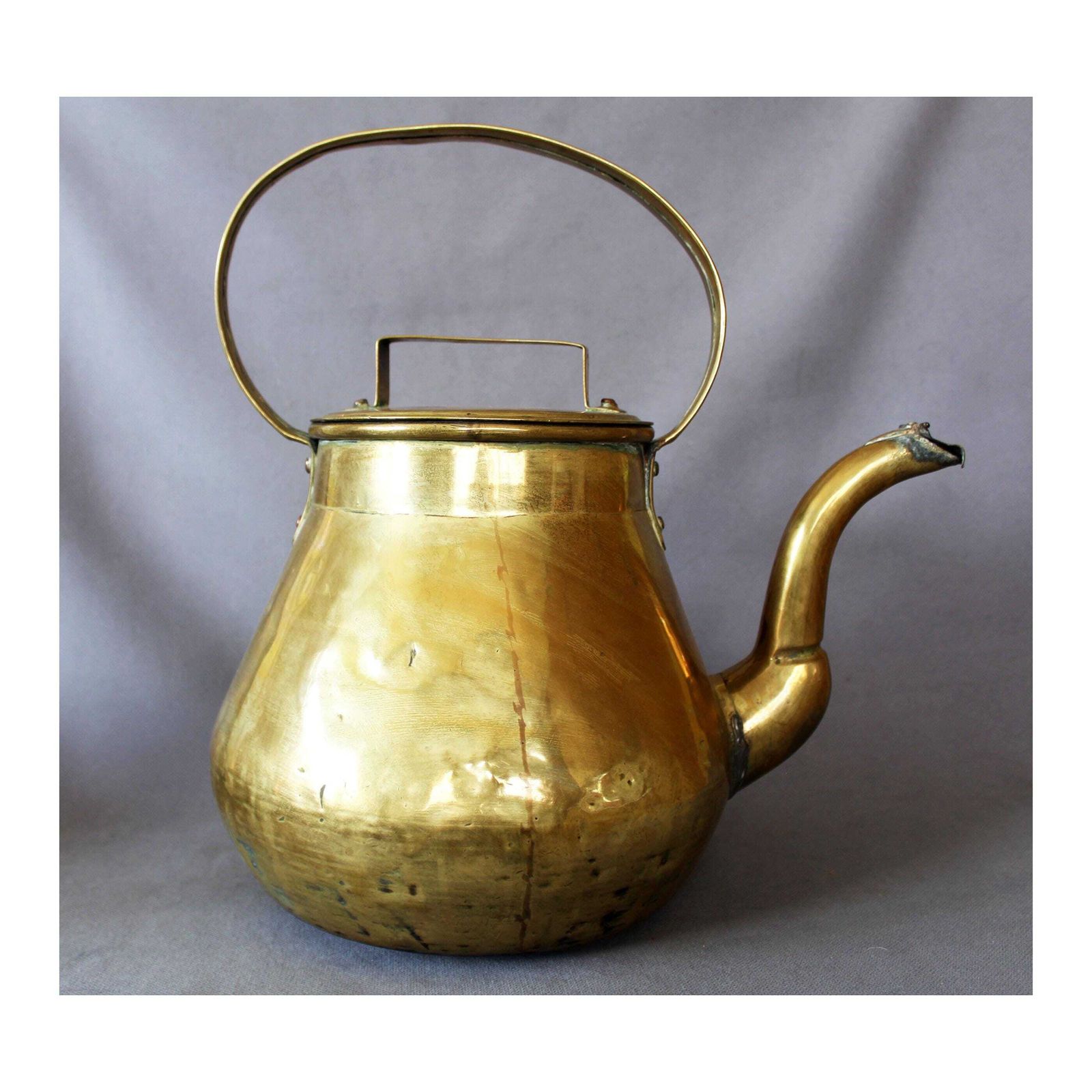 Extra Large Antique 19th Century Brass Kettle, Hand Made, Country Farmhouse Kitchenalia, Decor, Water Kettle, Lidded Spout, Copper Rivet
