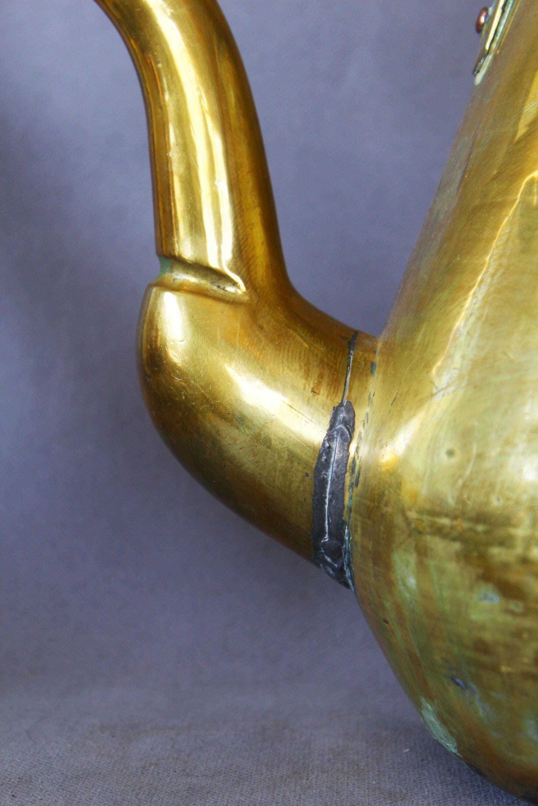 Extra Large Antique 19th Century Brass Kettle, Hand Made, Country Farmhouse Kitchenalia, Decor, Water Kettle, Lidded Spout, Copper Rivet photo vintage