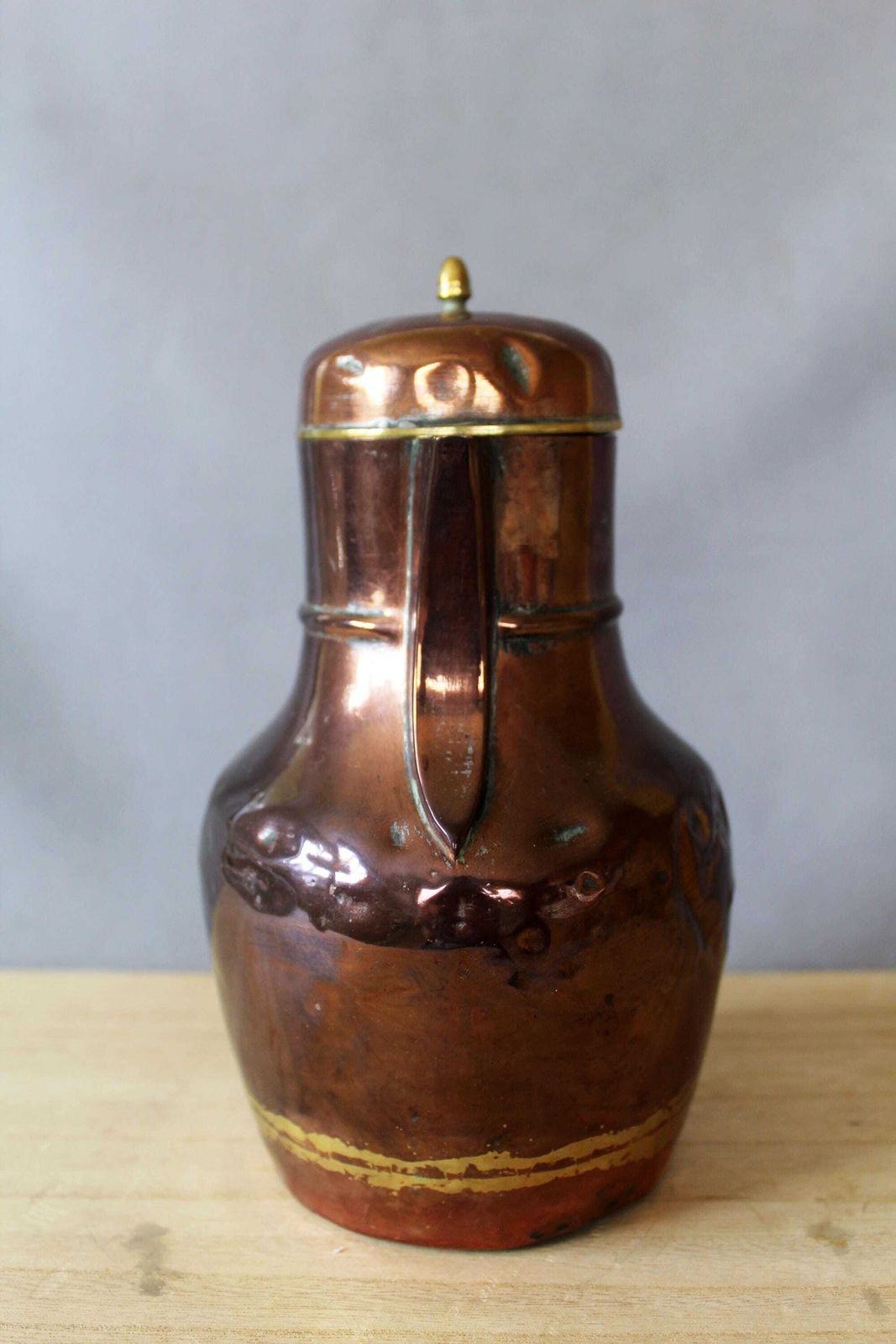 Home Decor Antique Copper Pot Jug, Pitcher, Brass Finiial Top And Rim, Hammered Hand Made, French Country Farmhouse, 19th Century, Coquemar Kitchenalia photo