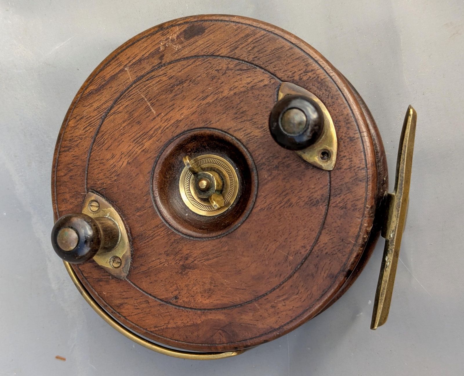 photo for sale Antique Nottingham Style Star Back Fishing Reel, Large, Mahogany And Brass