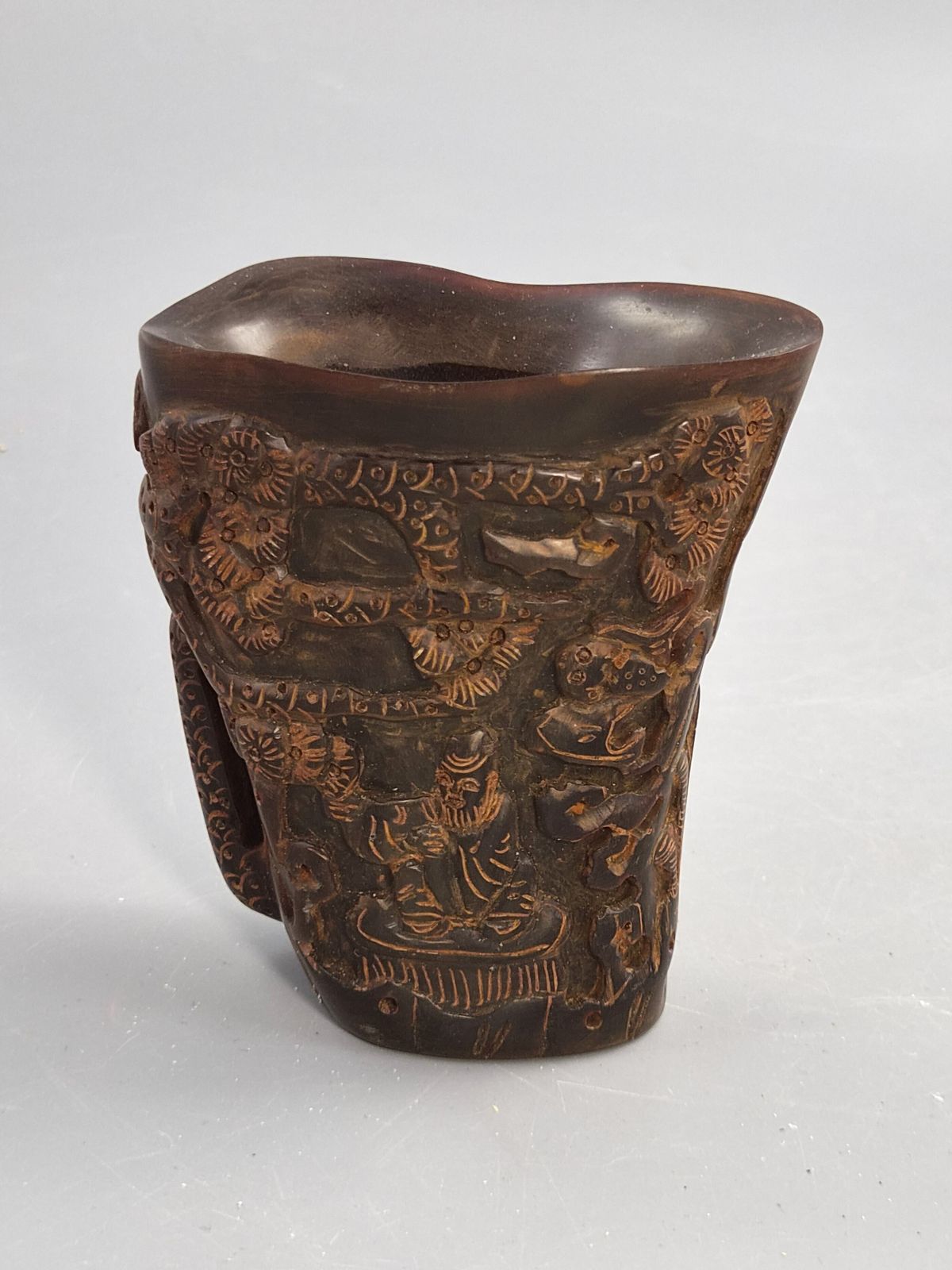 Antique Chinese Carved Water Buffalo Horn Libation Cup, Immortals And Pine, C.1880 photo Home Decor