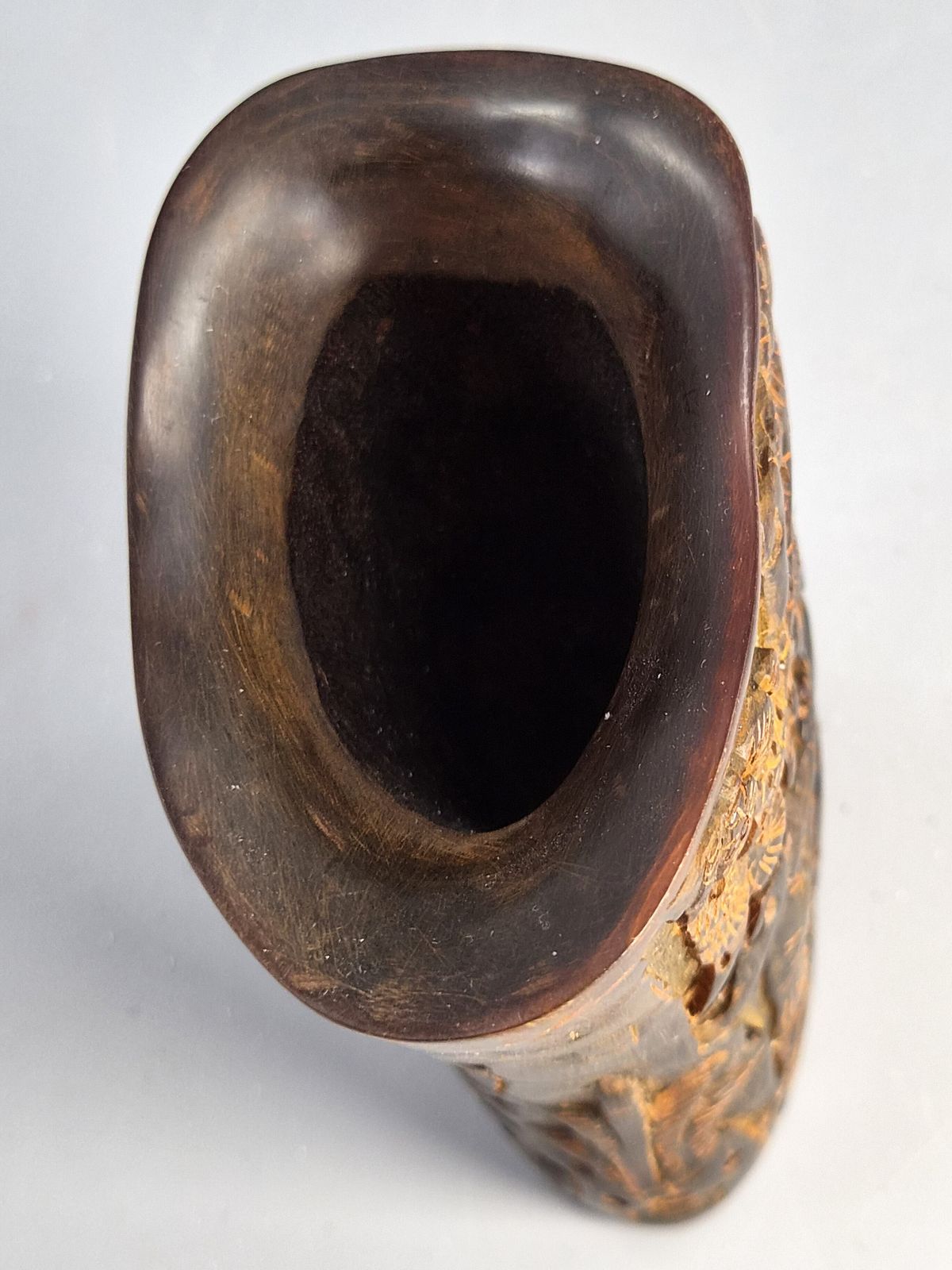 Antique Chinese Carved Water Buffalo Horn Libation Cup, Immortals And Pine, C.1880 photo buy