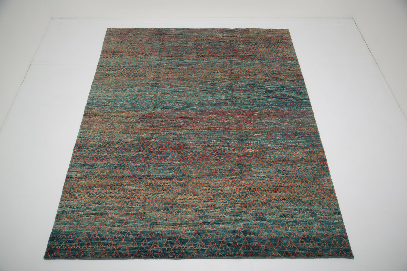 Met de hand geweven wollen vloerkleed, teal en terracotta, Contemporary, India (8'1" x 10'4")