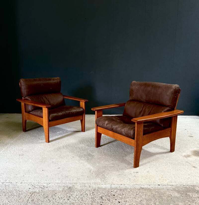 1960's Midcentury Modern Design Leather Teak Lounge Chair Set 1 photo furniture