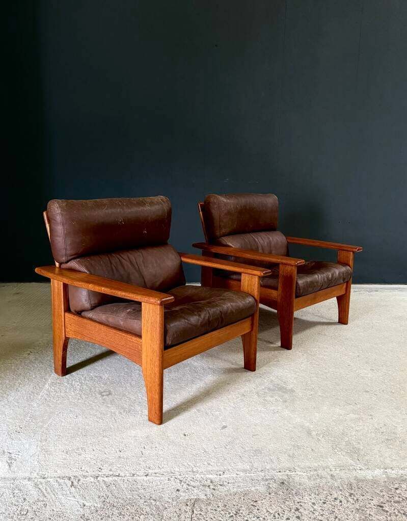 1960's Mid-Century Modern Design Leren Teakhouten Lounge Stoel Set 1 photo vintage
