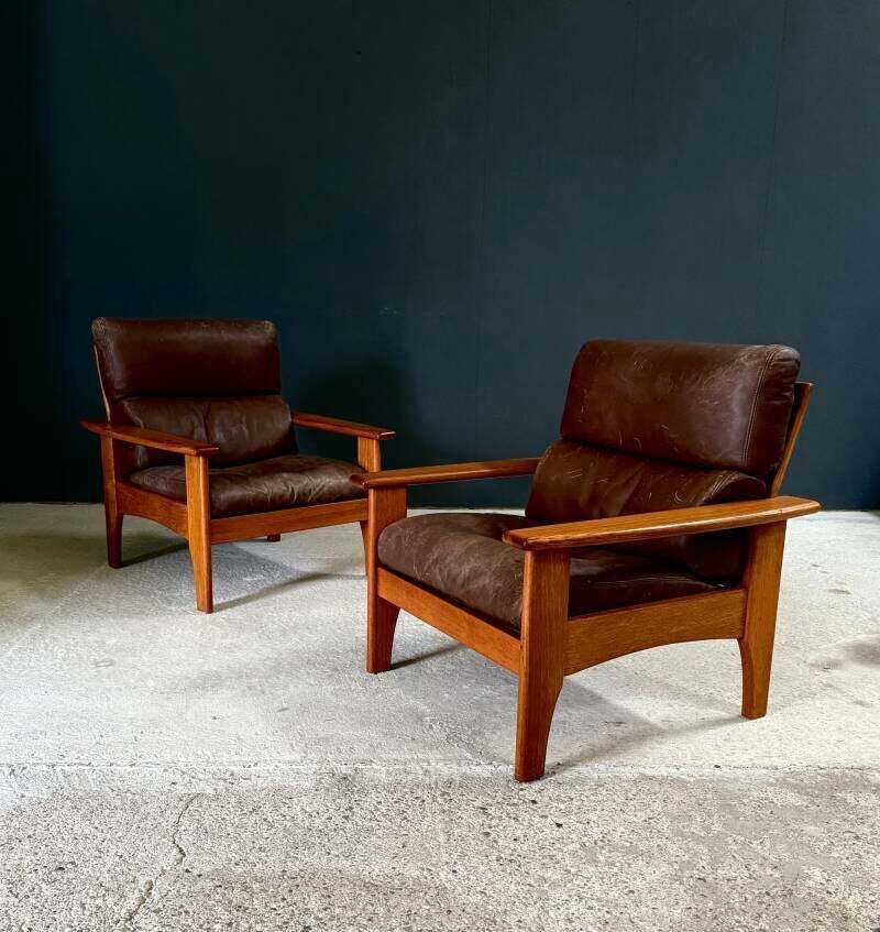 1960's Mid-Century Modern Design Leren Teakhouten Lounge Stoel Set 2 photo furniture
