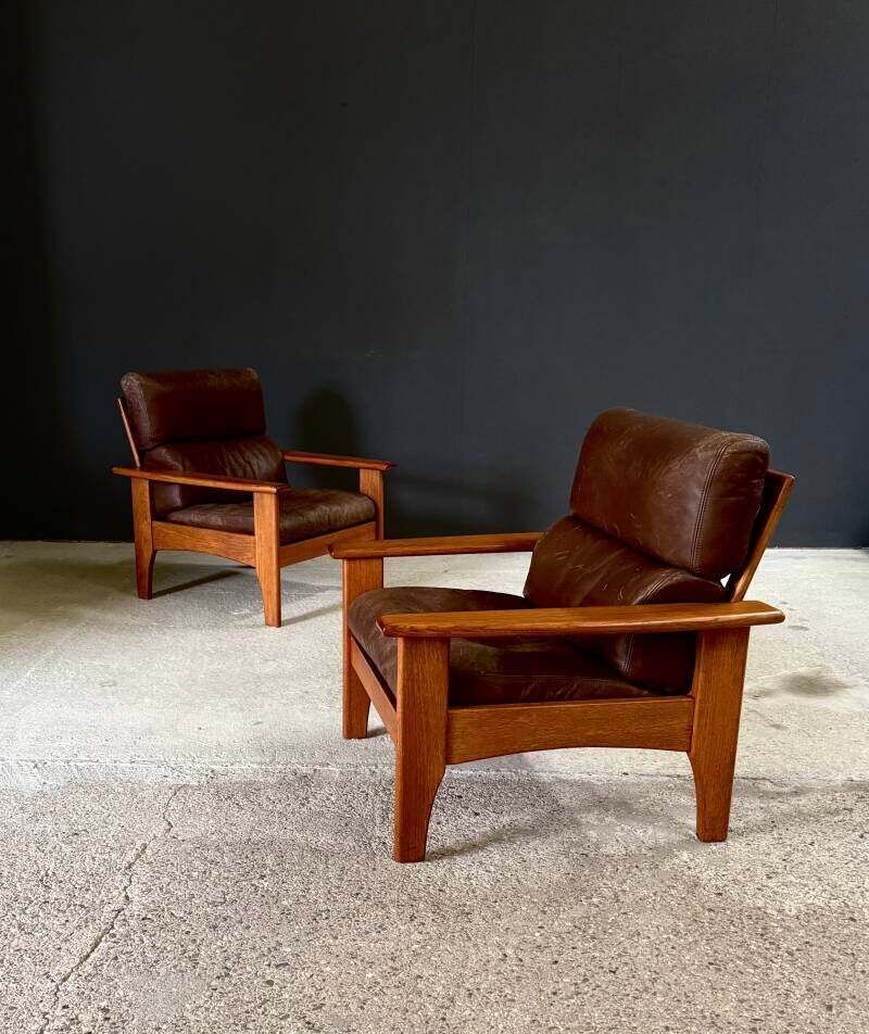 1960's Mid-Century Modern Design Leren Teakhouten Lounge Stoel Set 2 photo 2600.0
