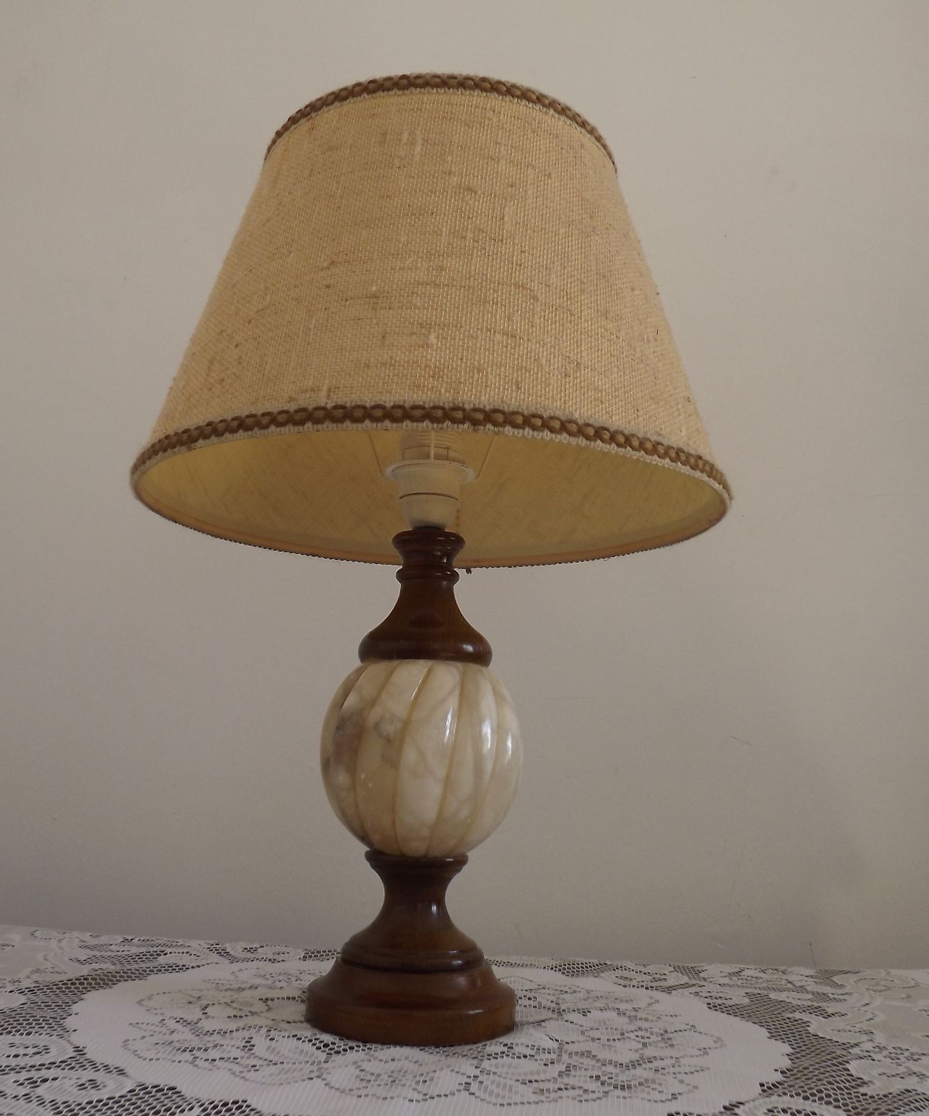 Large Vintage French Alabaster/Marble & Wood Table Lamp Fabric Shade photo Lighting