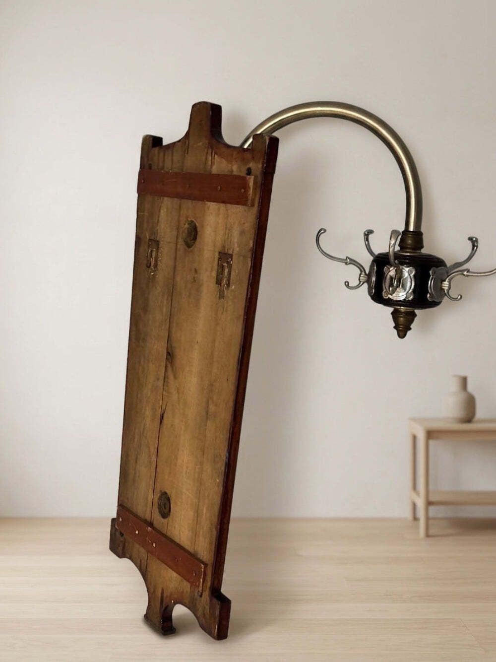 Vintage Coat Rack Mid Century Wooden Rack With Metal Hooks, 55 × 40 × 92 Cm photo vinterior
