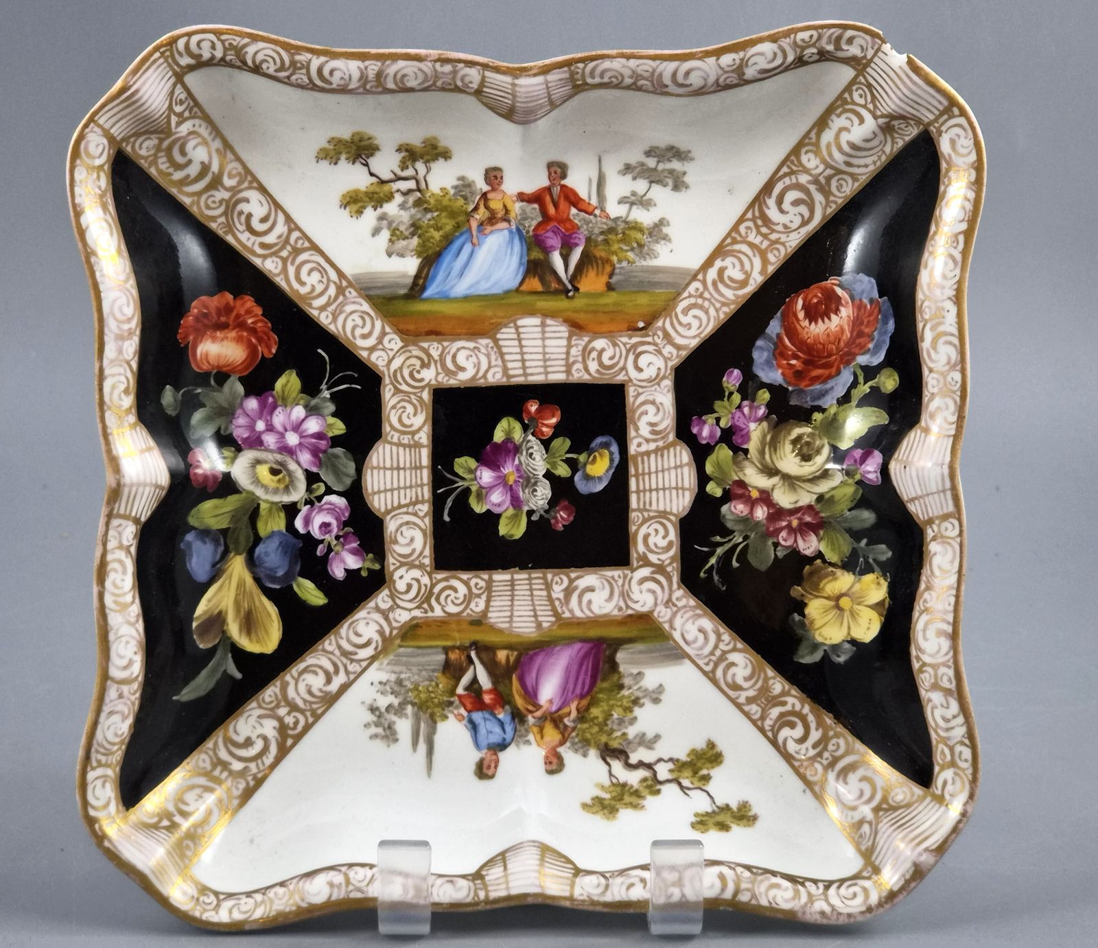 Meissen Porcelain Square Dish, Watteau Scenes And Black Ground, C.1850 1870