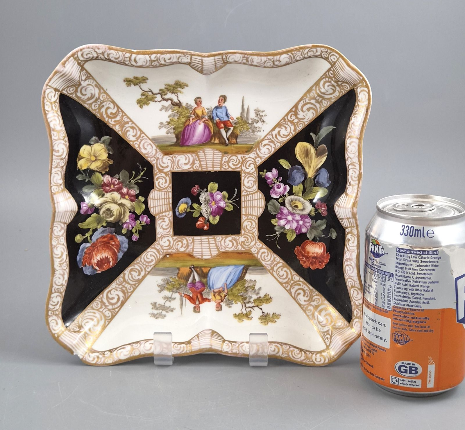 Meissen Porcelain Square Dish, Watteau Scenes And Black Ground, C.1850 1870 photo vinterior
