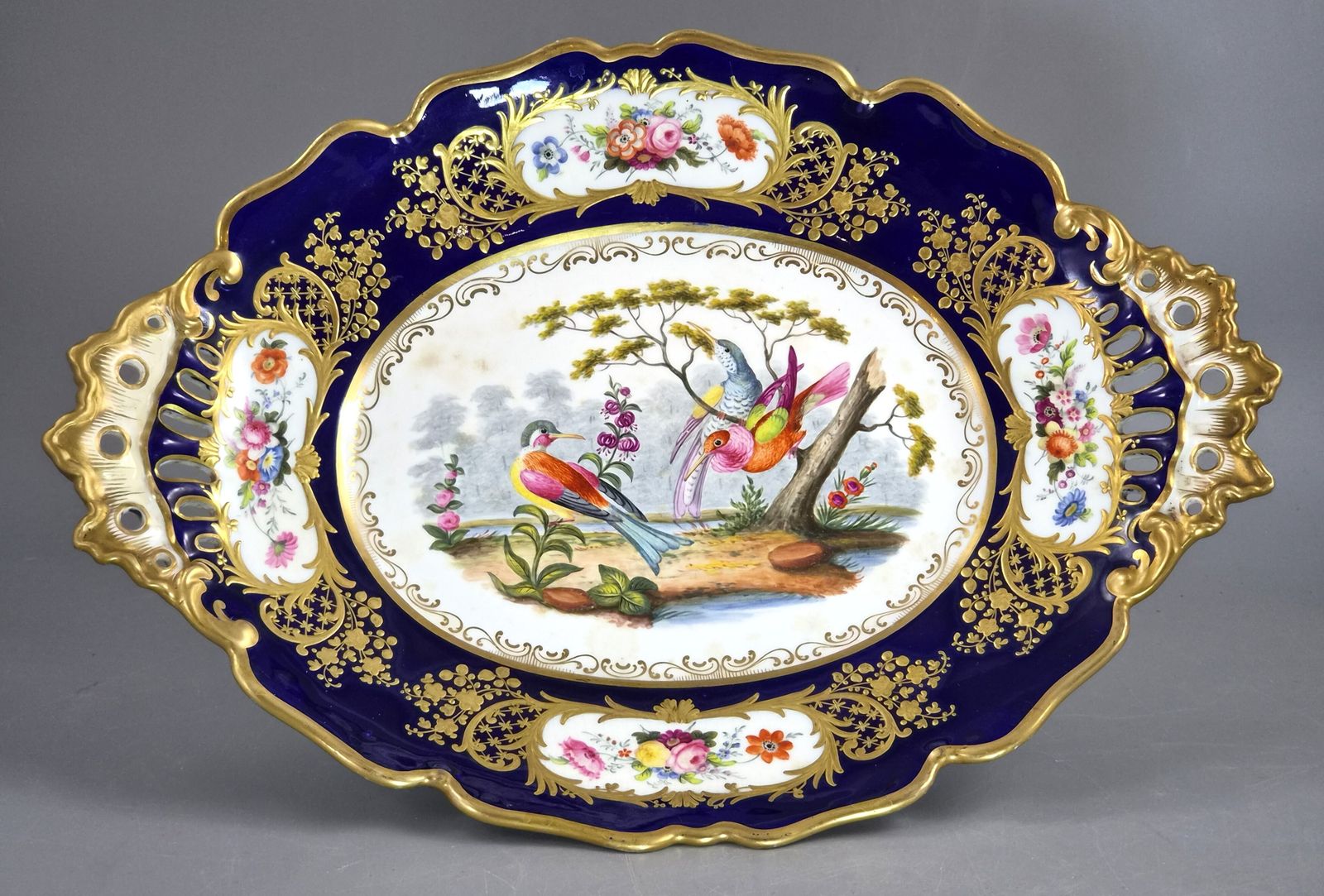 Antique English Fancy Birds Oval Dish, Attributed To Coalport, Cobalt Blue, C.1840 1850