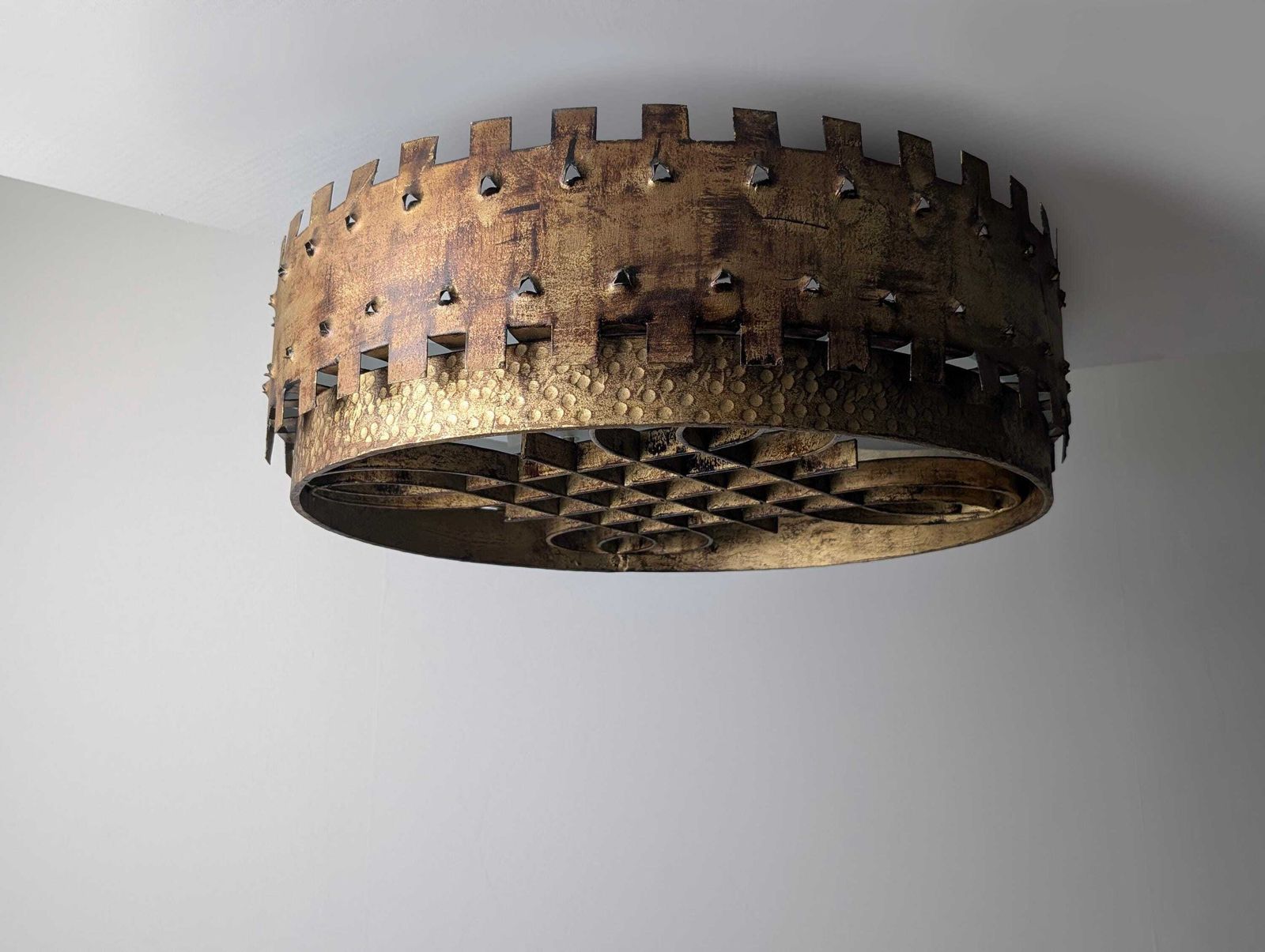Brutalist Mid Century Ceiling Lamp In Golden Wrought Iron 1940s. photo vinterior