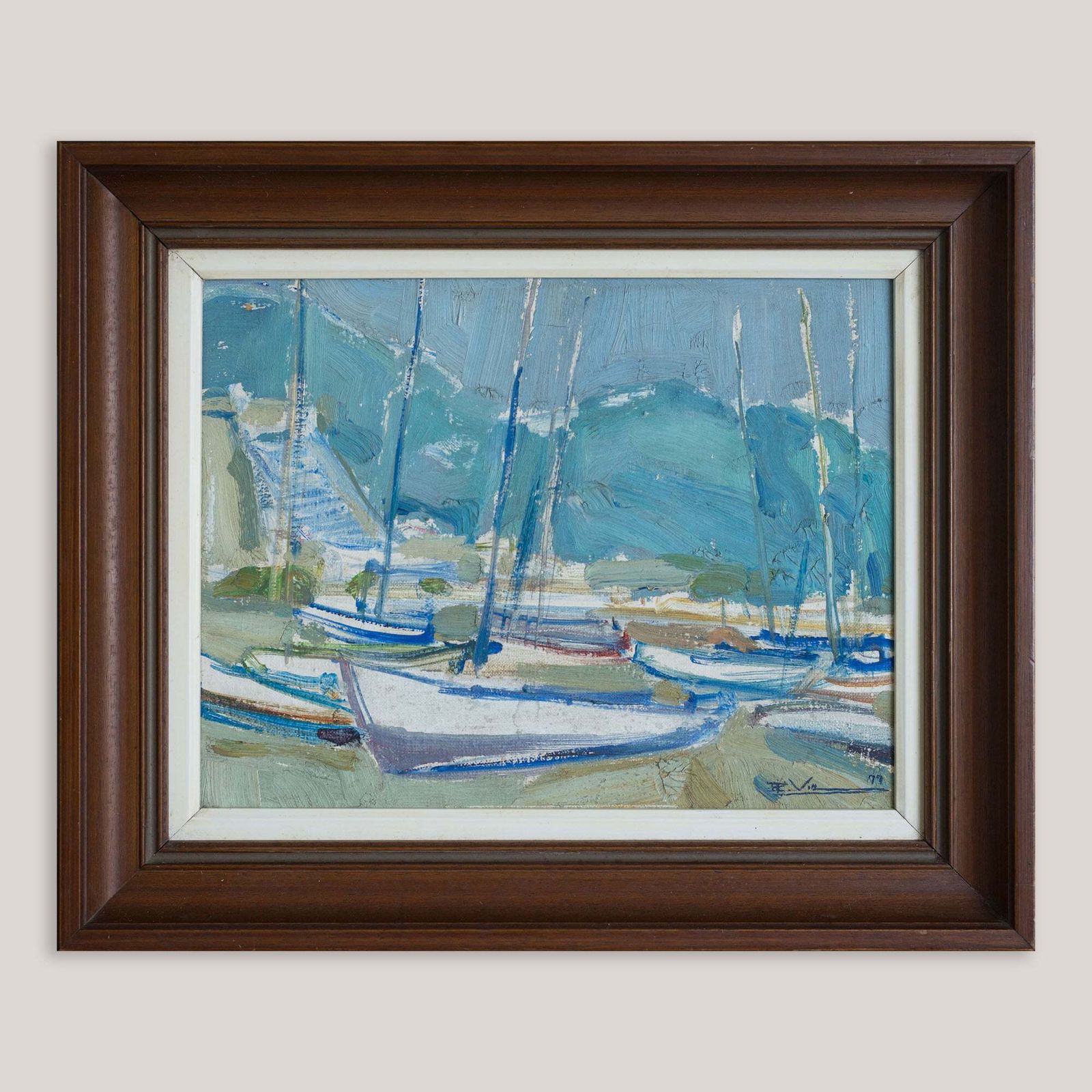 Mid Century olieverfschets van boten in een haven, gesigneerd