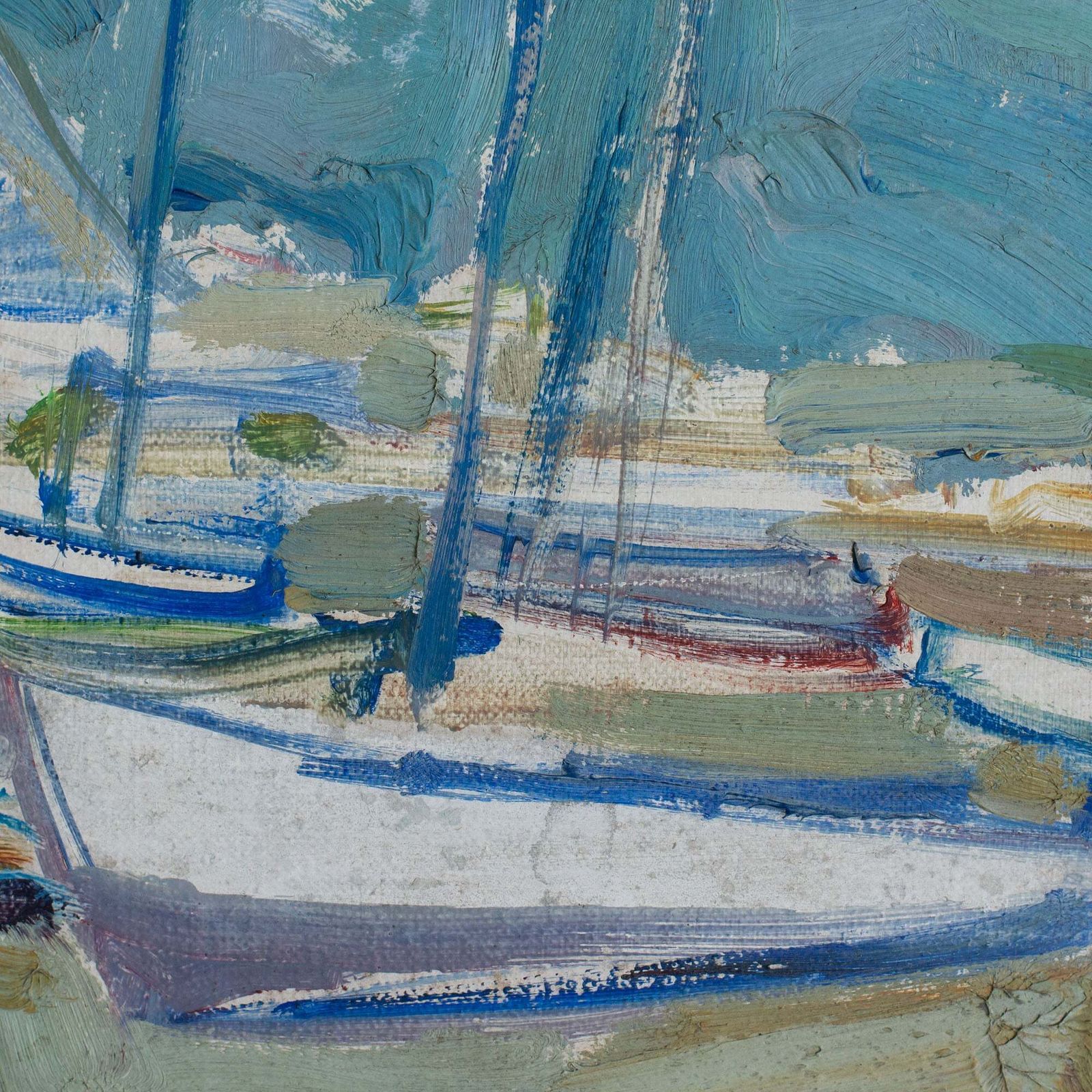 Mid Century olieverfschets van boten in een haven, gesigneerd photo for sale
