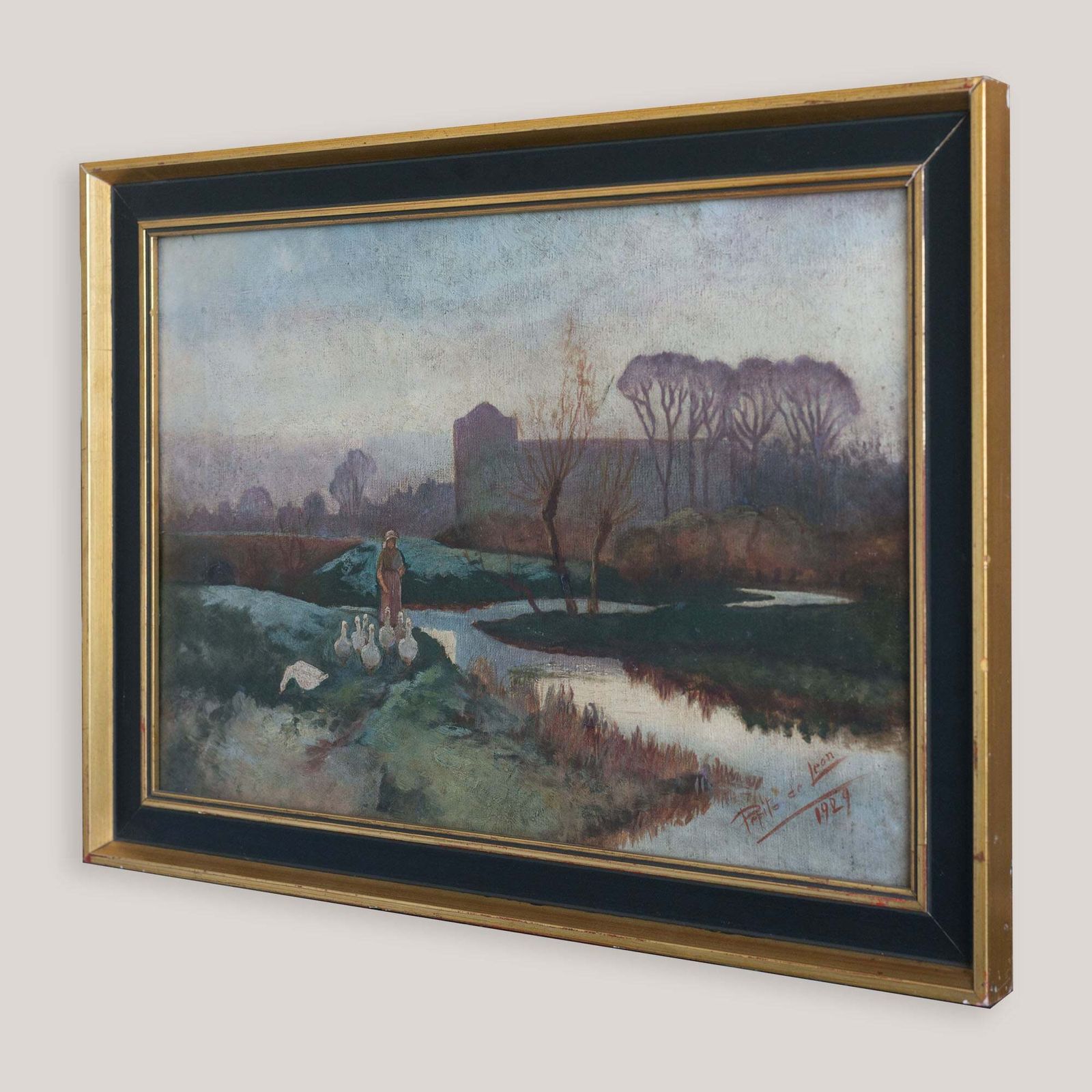 Dame met een ganzenkudde bij schemerlicht, in de stijl van de Barbizon School photo furniture