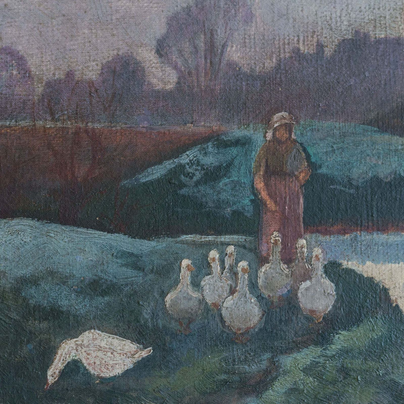 Lady Tending A Flock Of Geese At Dusk Or Dawn   Barbizon School Influenced photo for sale