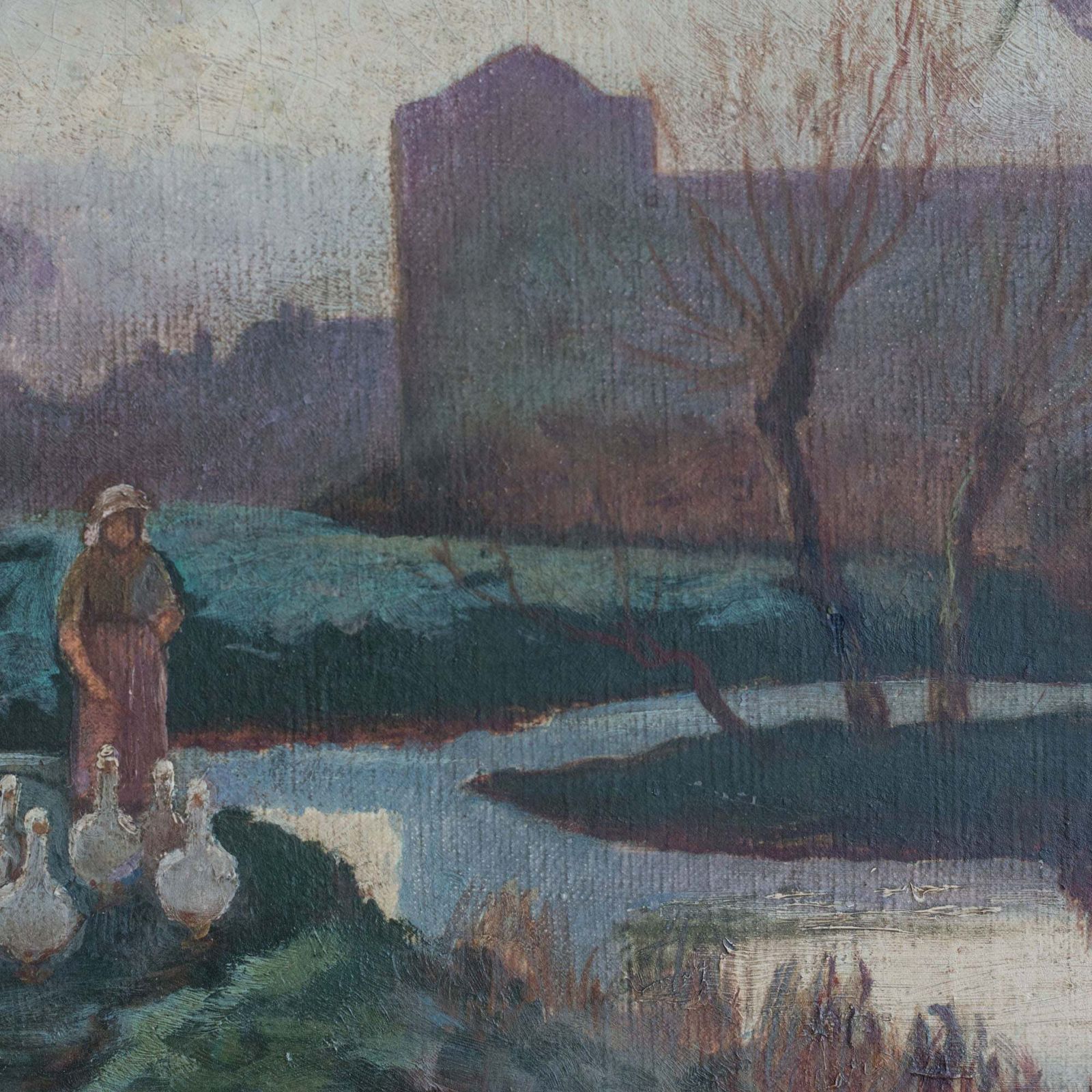 Dame met een ganzenkudde bij schemerlicht, in de stijl van de Barbizon School photo Kunst