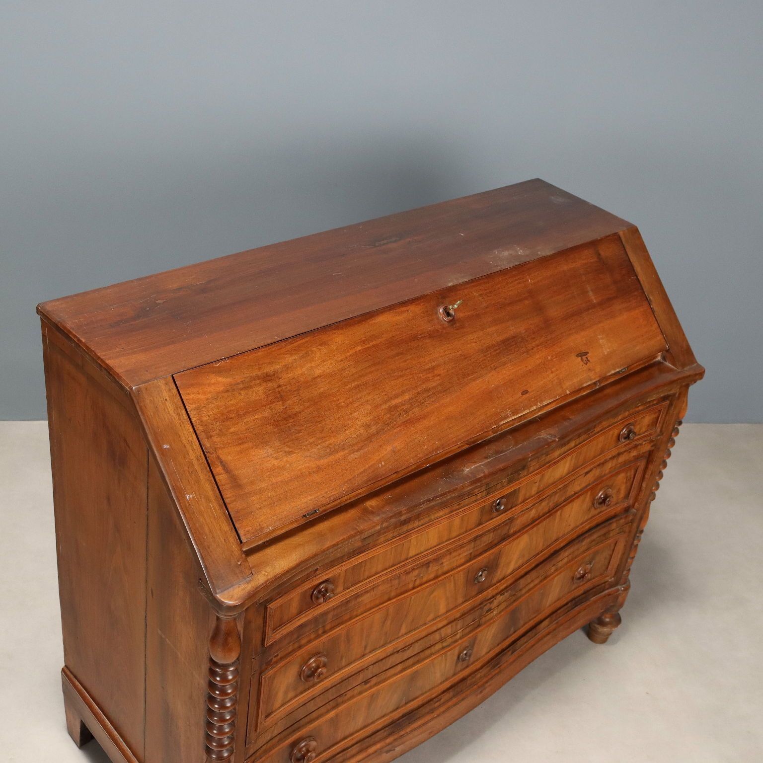 photo furniture Antique Flap Cabinet Walnut Veneer 6 Drawers Italy XIX Century