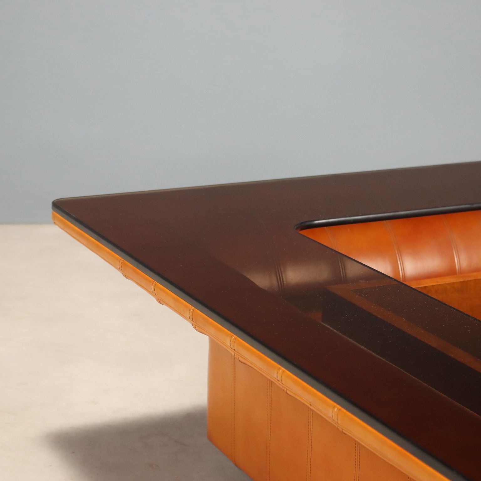 Vintage Frau Coffee Table Wood Leather Design Italy 1970s photo Furniture