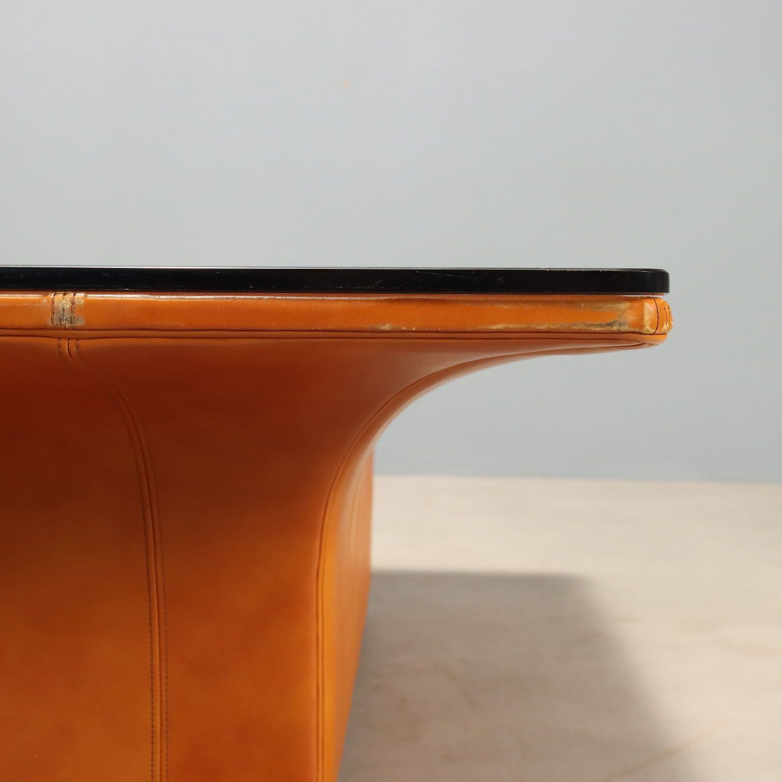 Vintage Frau Coffee Table Wood Leather Design Italy 1970s photo vinterior