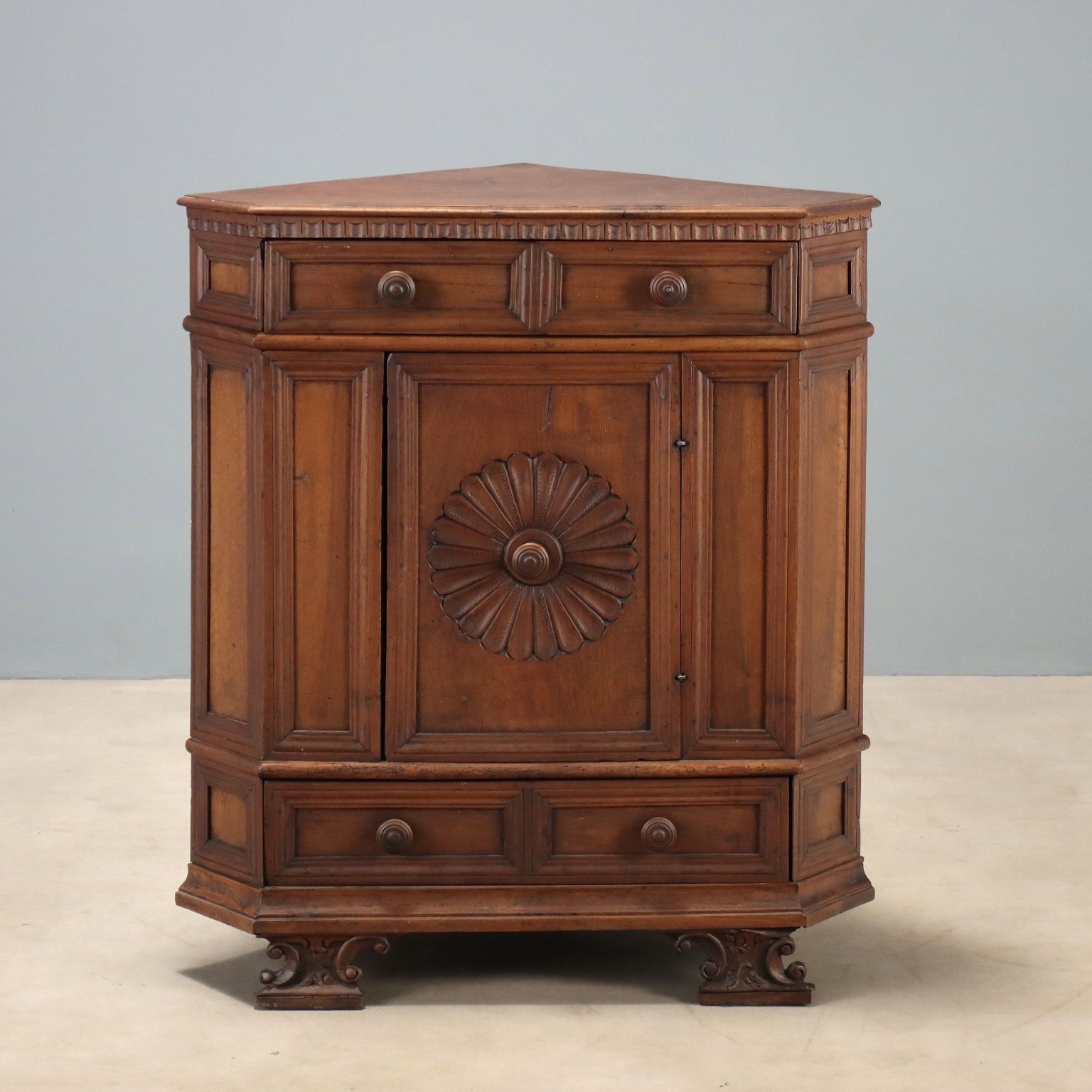Baroque Corner Cupboard Walnut Carvings Italy XX Century
