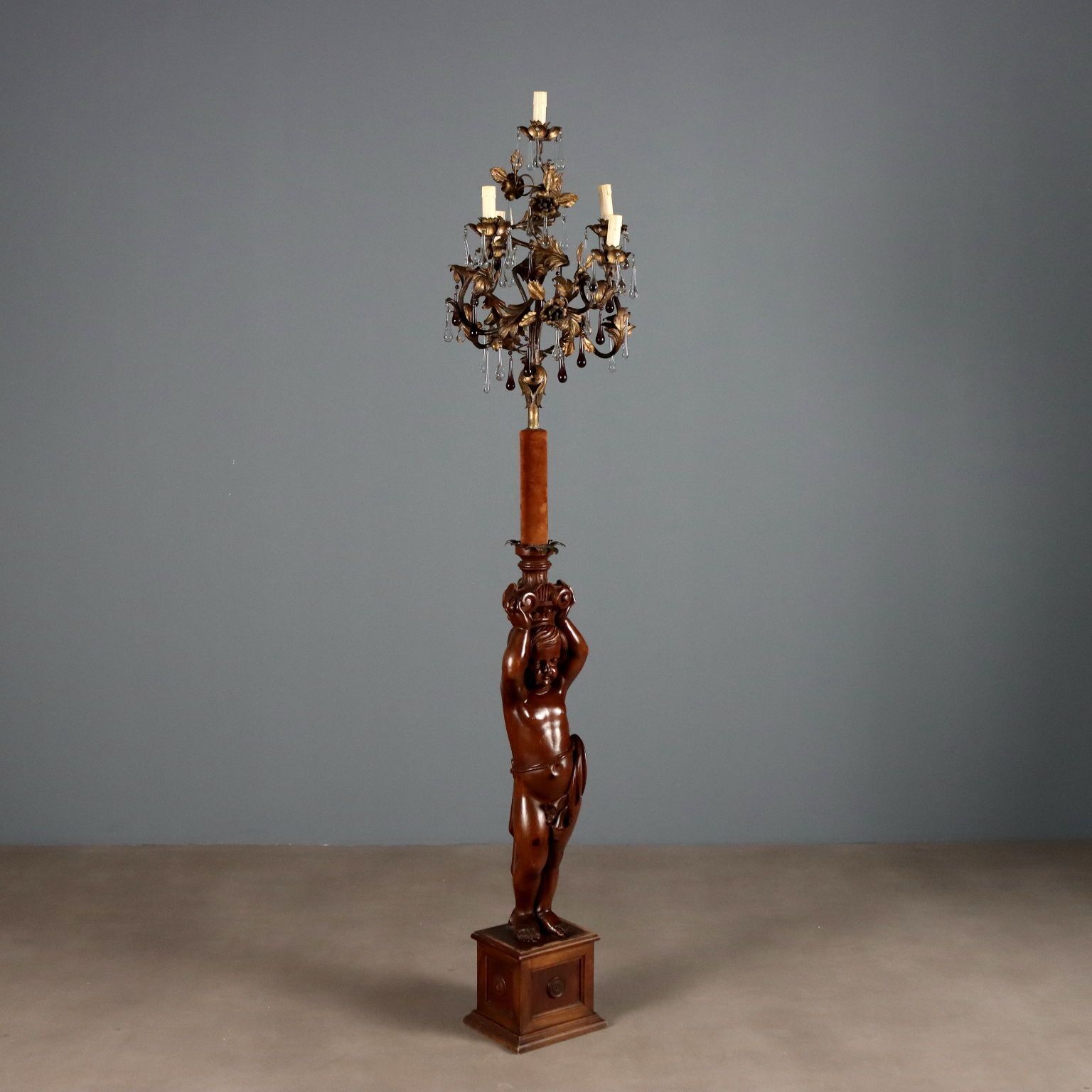 Antique Floor Lamp Gilded Metal Glass Italy XIX Century