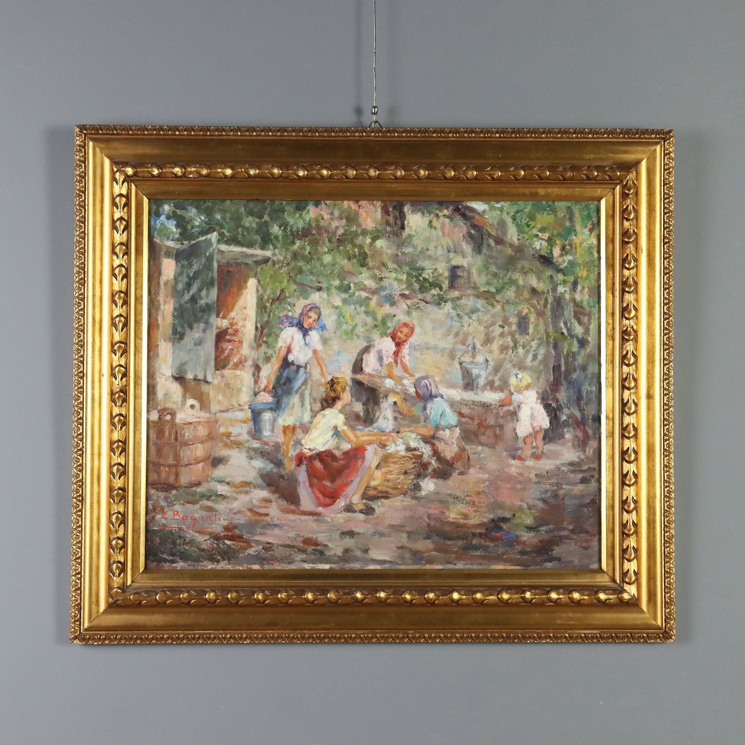 Modern Schilderij Scène Met Vrouwen Bij Het Washuis XX Eeuw