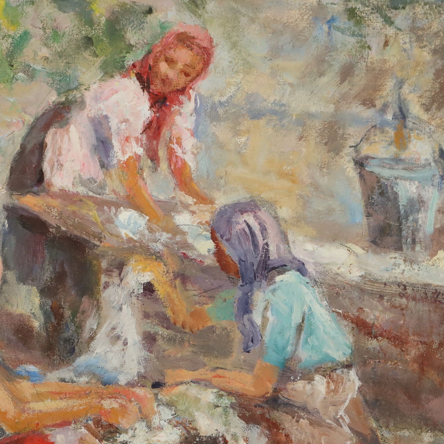 Peinture moderne, scène de lavoir avec femmes, XXe siècle photo Art