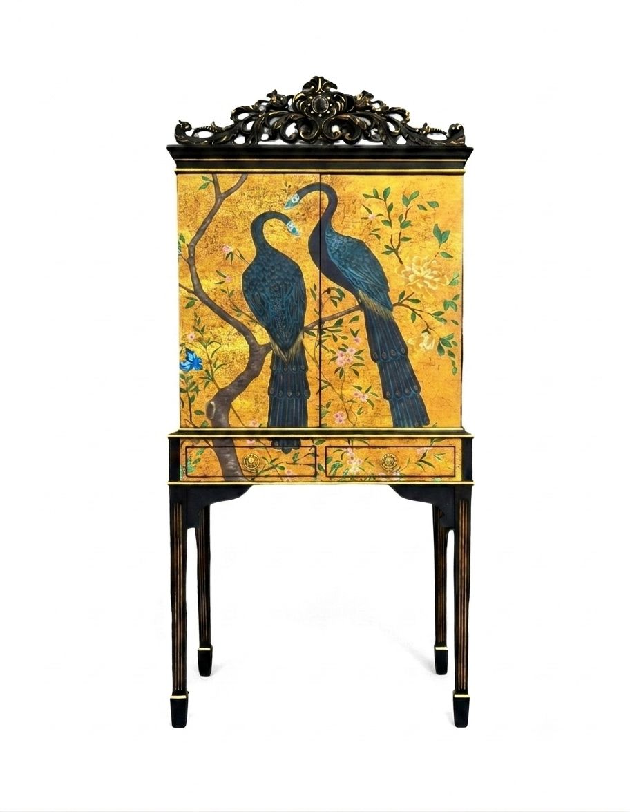 Luxury Upcycled Vintage Cocktail Cabinet With Edo Chinoiserie Decoupage