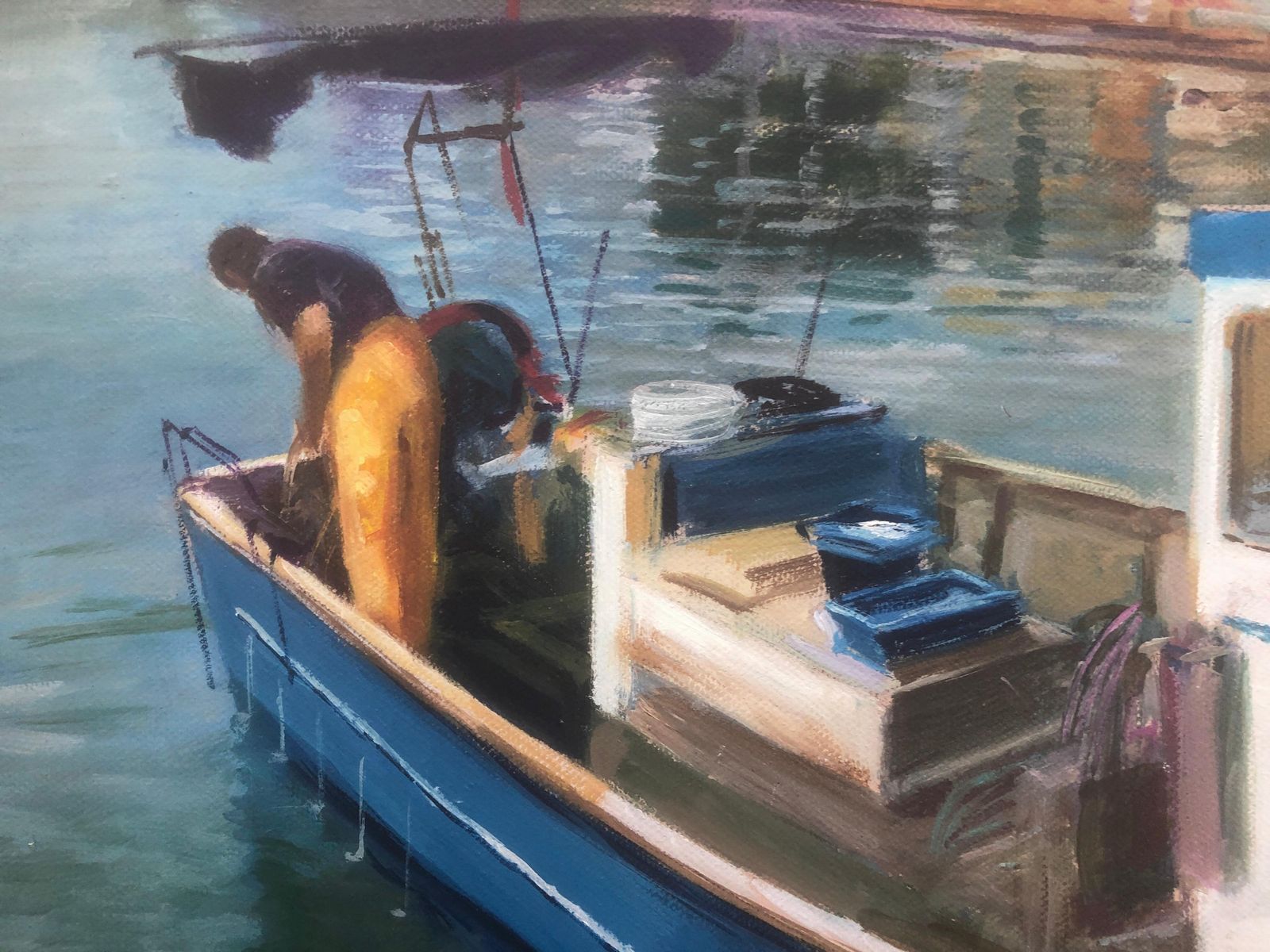 Domingo Alvarez Gomez Spaans fotorealistisch schilderij, vissersboot in Middellandse-Zeehaven, olieverf op doek, ca. 2000 photo vinterior