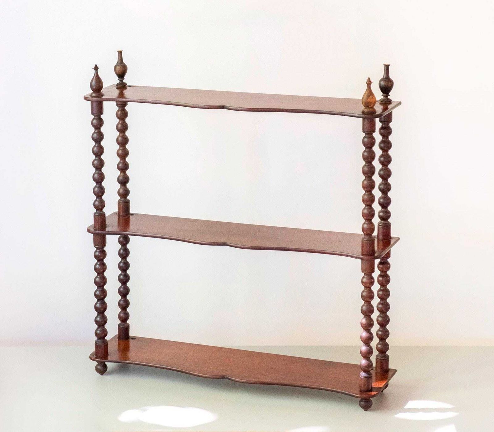Antique Bobbin Wall Shelf   English Mahogany Etagere   Victorian Three Tier Display Shelf